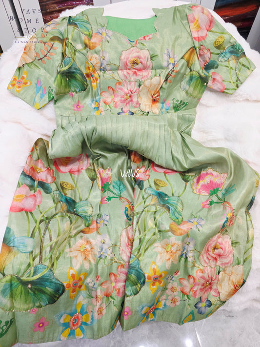 Sage Green Tussar Tissue Silk Lotus Garden Designer Frock – Women’s XL