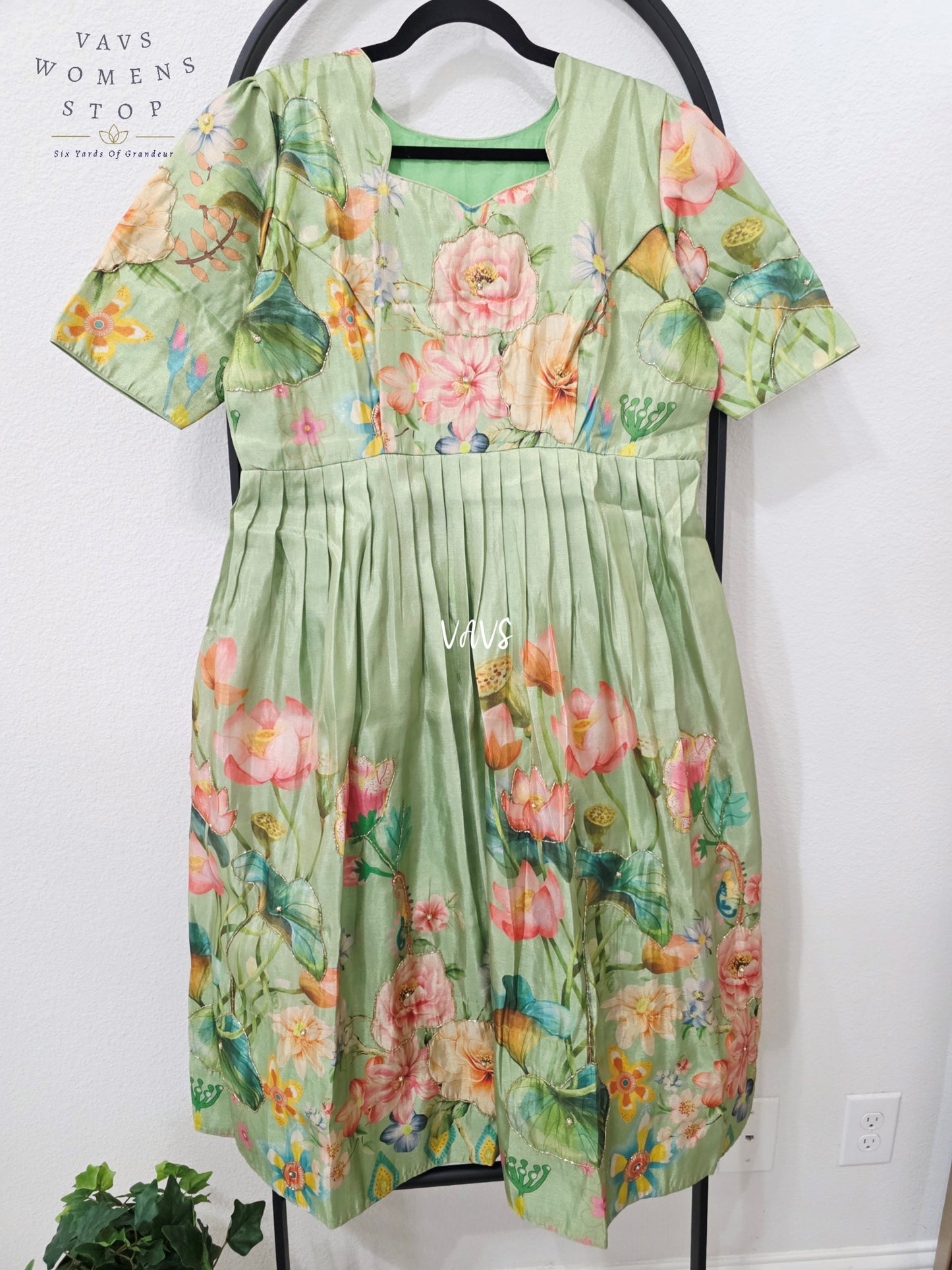 Sage Green Tussar Tissue Silk Lotus Garden Designer Frock – Women’s XL