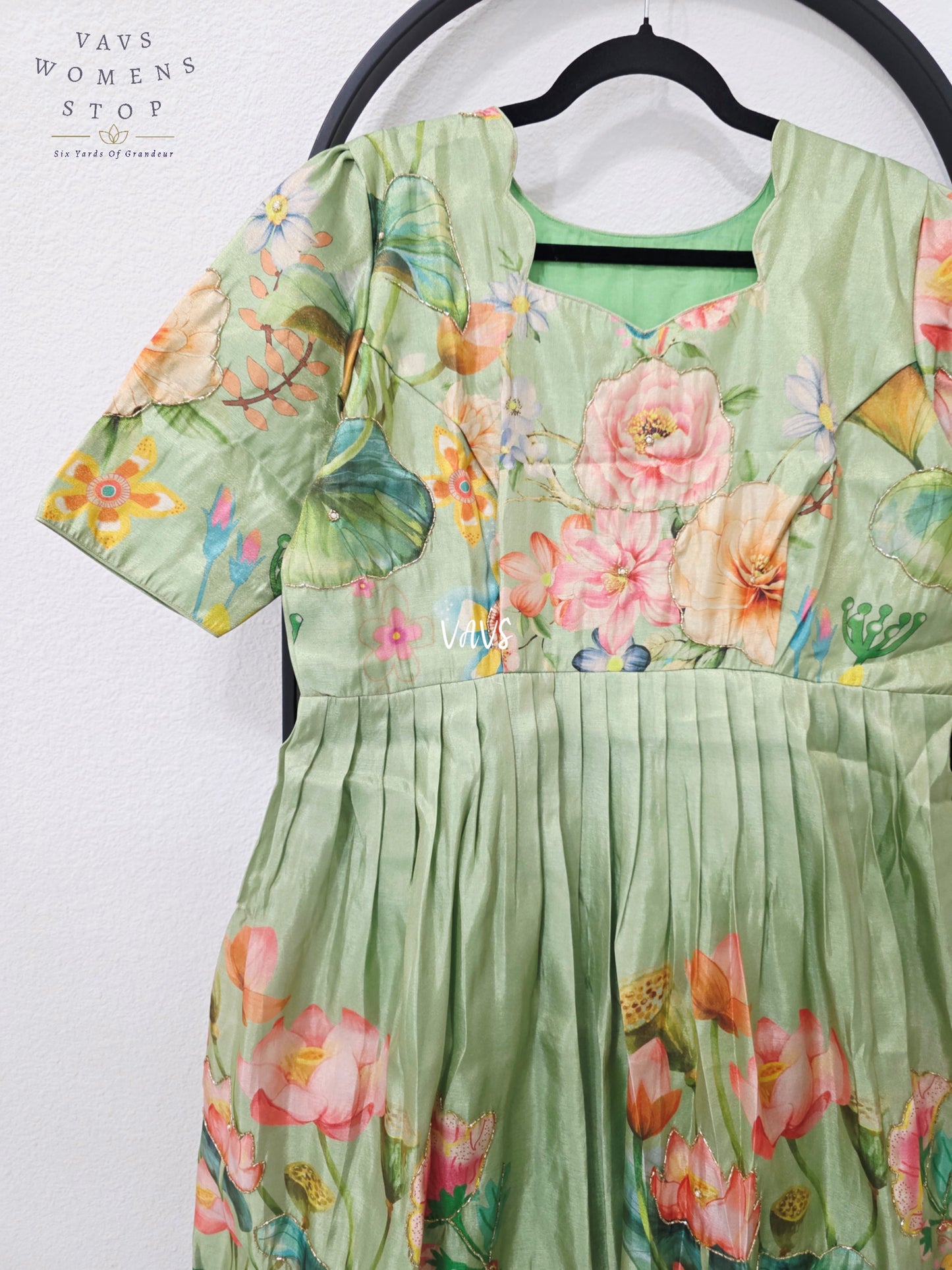 Sage Green Tussar Tissue Silk Lotus Garden Designer Frock – Women’s XL