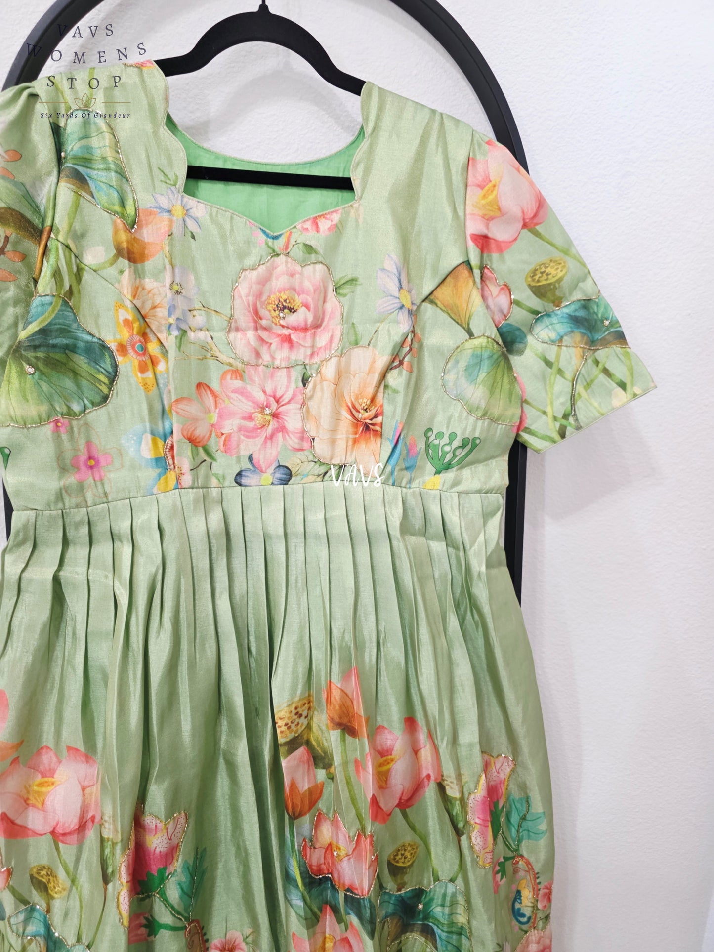 Sage Green Tussar Tissue Silk Lotus Garden Designer Frock – Women’s XL