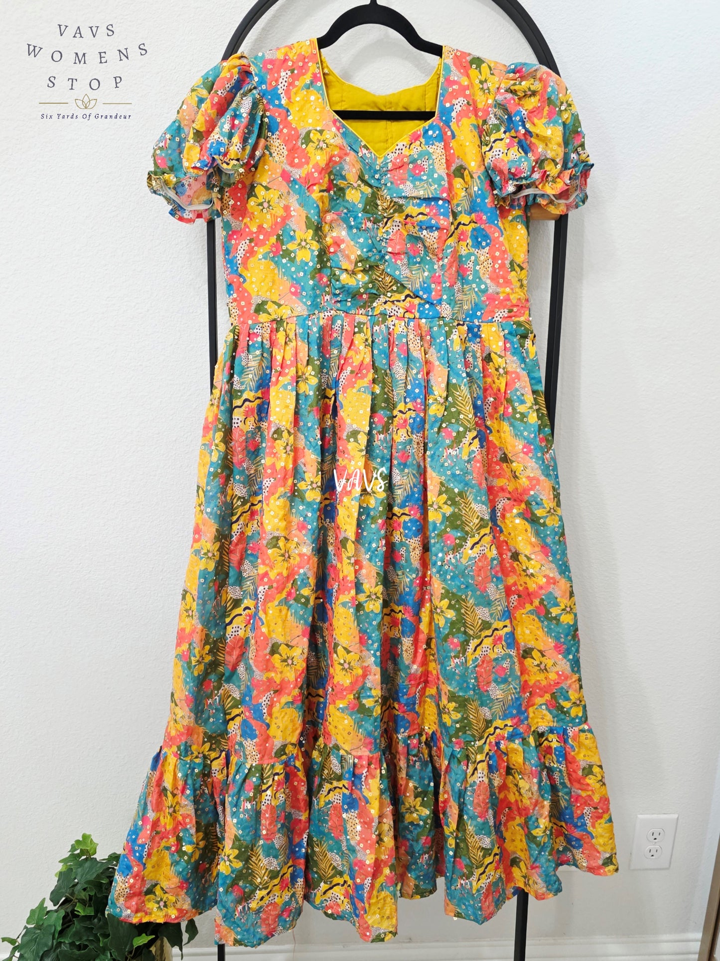 Jewel Teal Multicolor Chinon Silk Abstract Sequin Frock – Women’s XL