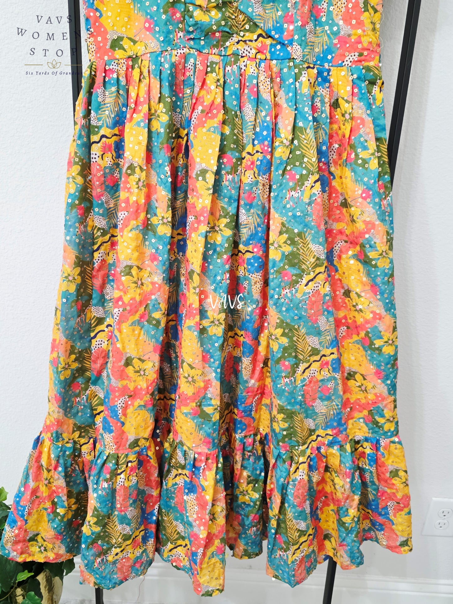 Jewel Teal Multicolor Chinon Silk Abstract Sequin Frock – Women’s XL