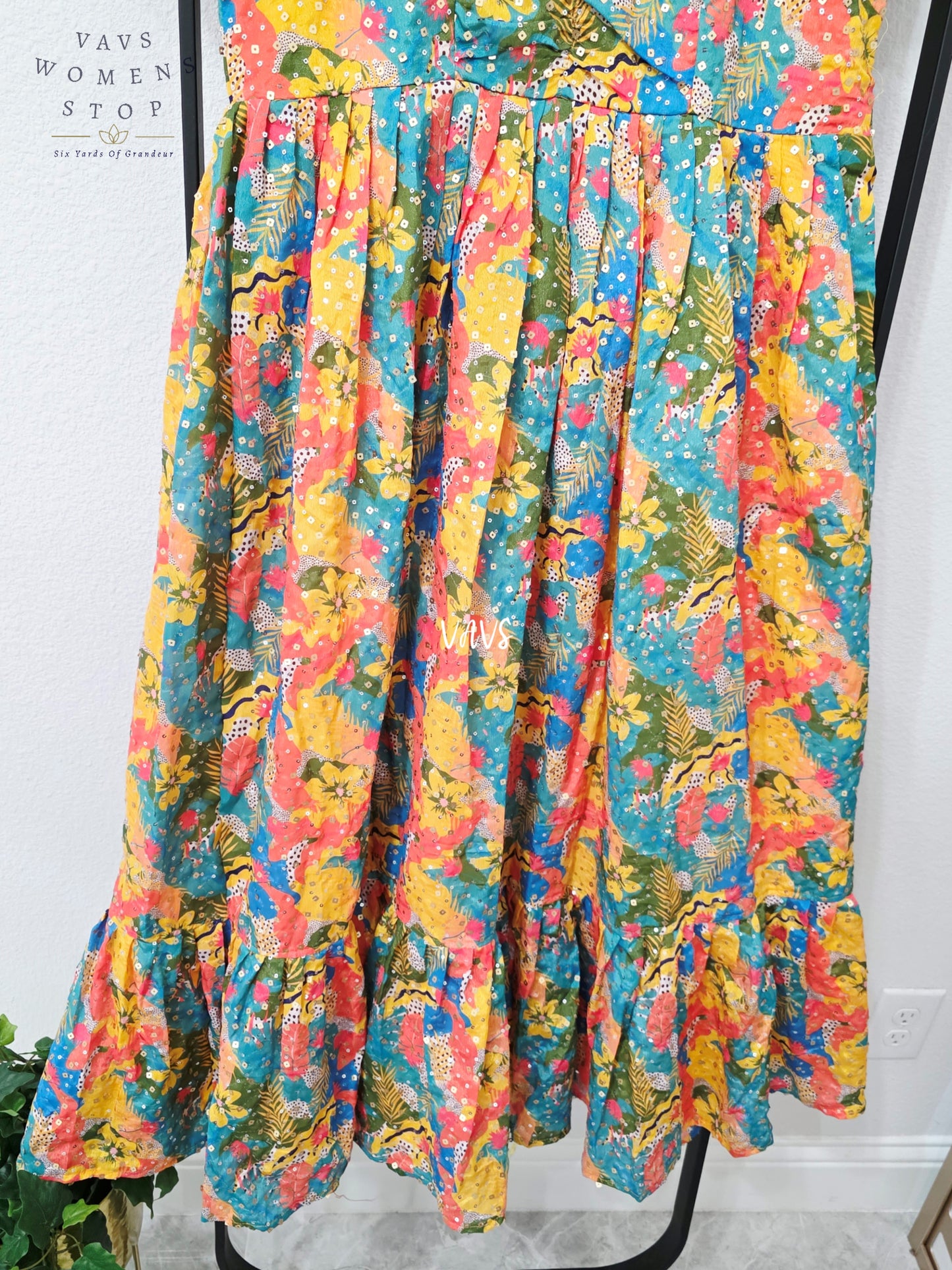 Jewel Teal Multicolor Chinon Silk Abstract Sequin Frock – Women’s XL