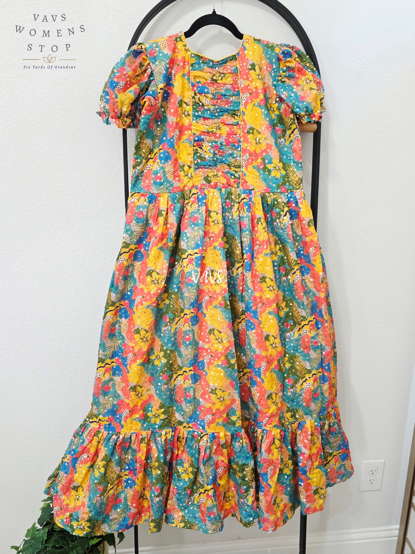 Jewel Teal Multicolor Chinon Silk Abstract Sequin Frock – Women’s XL