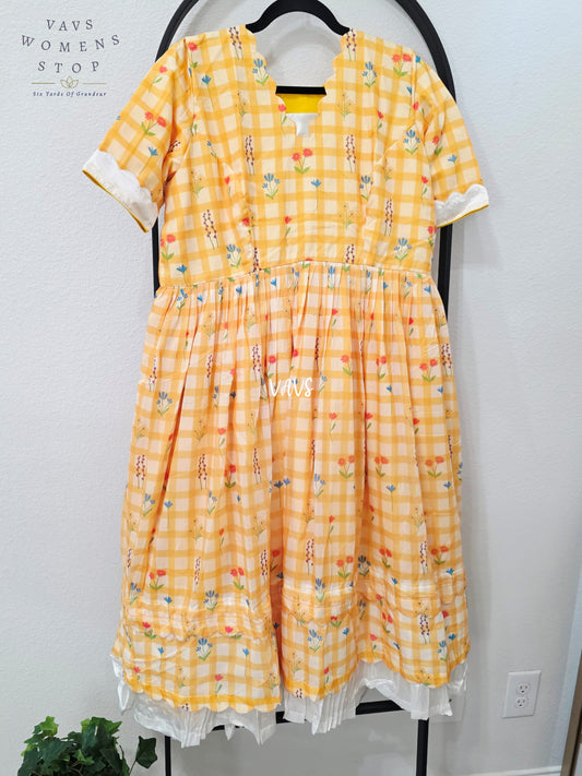 Marigold Yellow & Ivory Mul Chanderi Floral Checks Frock – Women’s XL