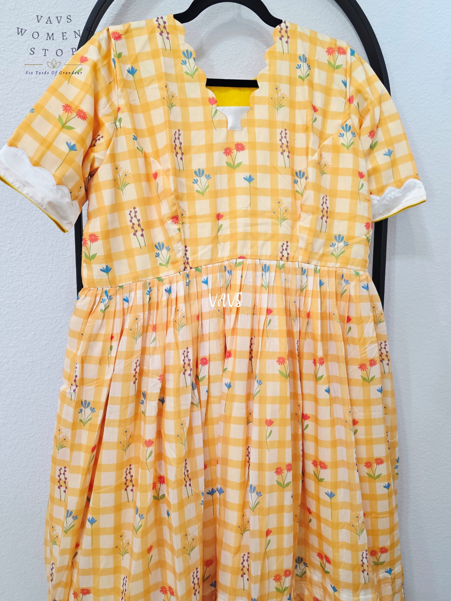 Marigold Yellow & Ivory Mul Chanderi Floral Checks Frock – Women’s XL