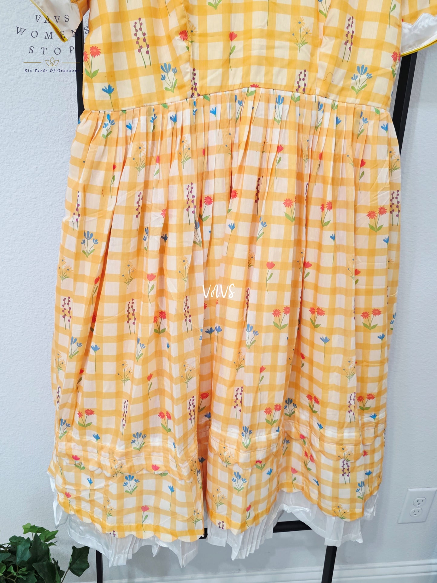 Marigold Yellow & Ivory Mul Chanderi Floral Checks Frock – Women’s XL