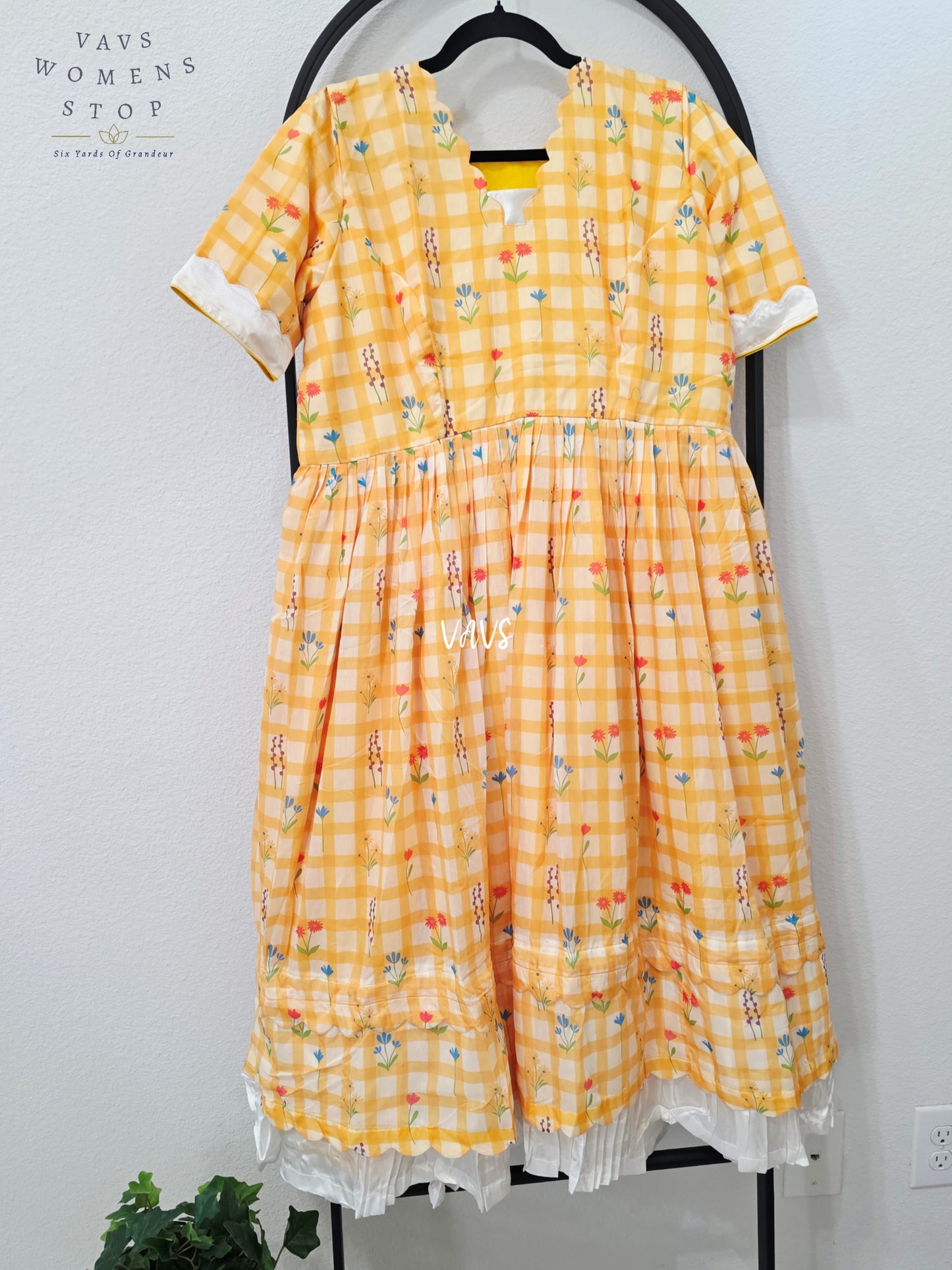 Marigold Yellow & Ivory Mul Chanderi Floral Checks Frock – Women’s XL