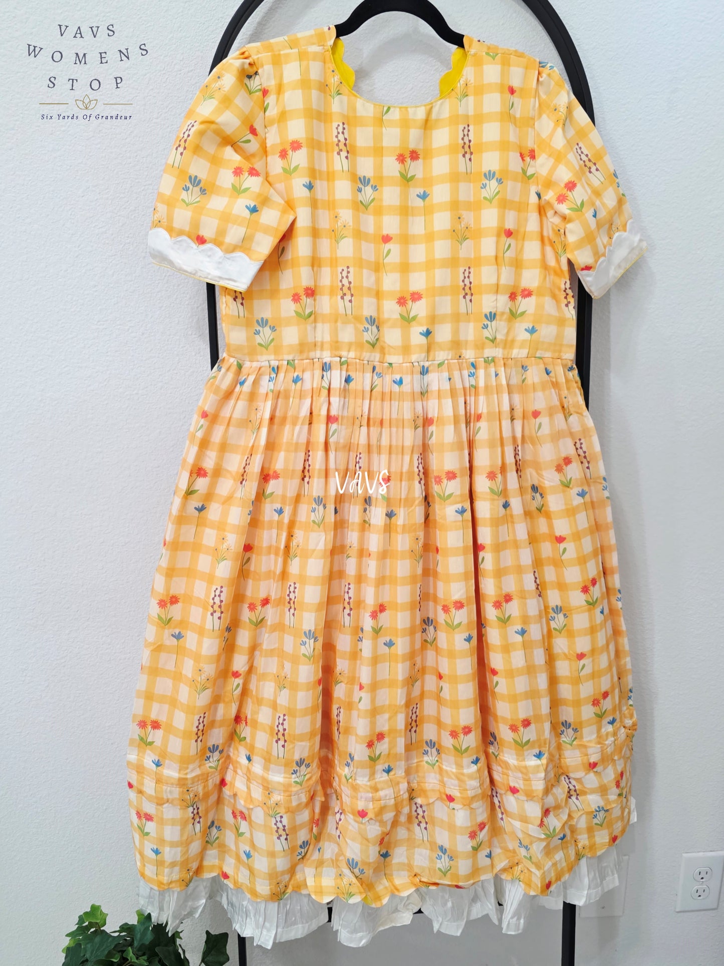 Marigold Yellow & Ivory Mul Chanderi Floral Checks Frock – Women’s XL