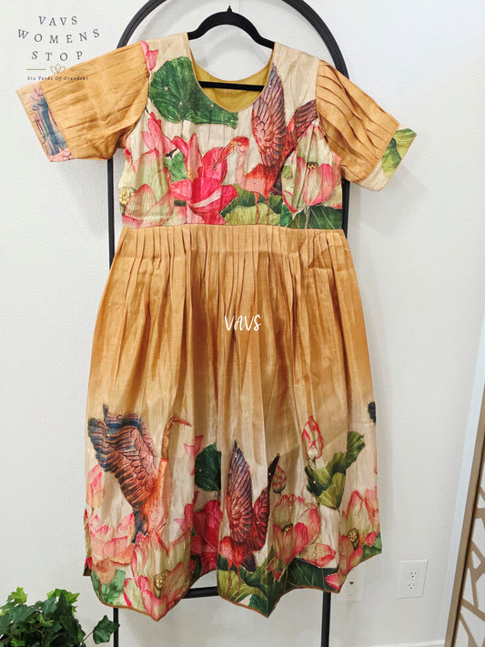 Antique Champagne Gold Tussar Tissue Silk Lotus Bird Print Frock – XL