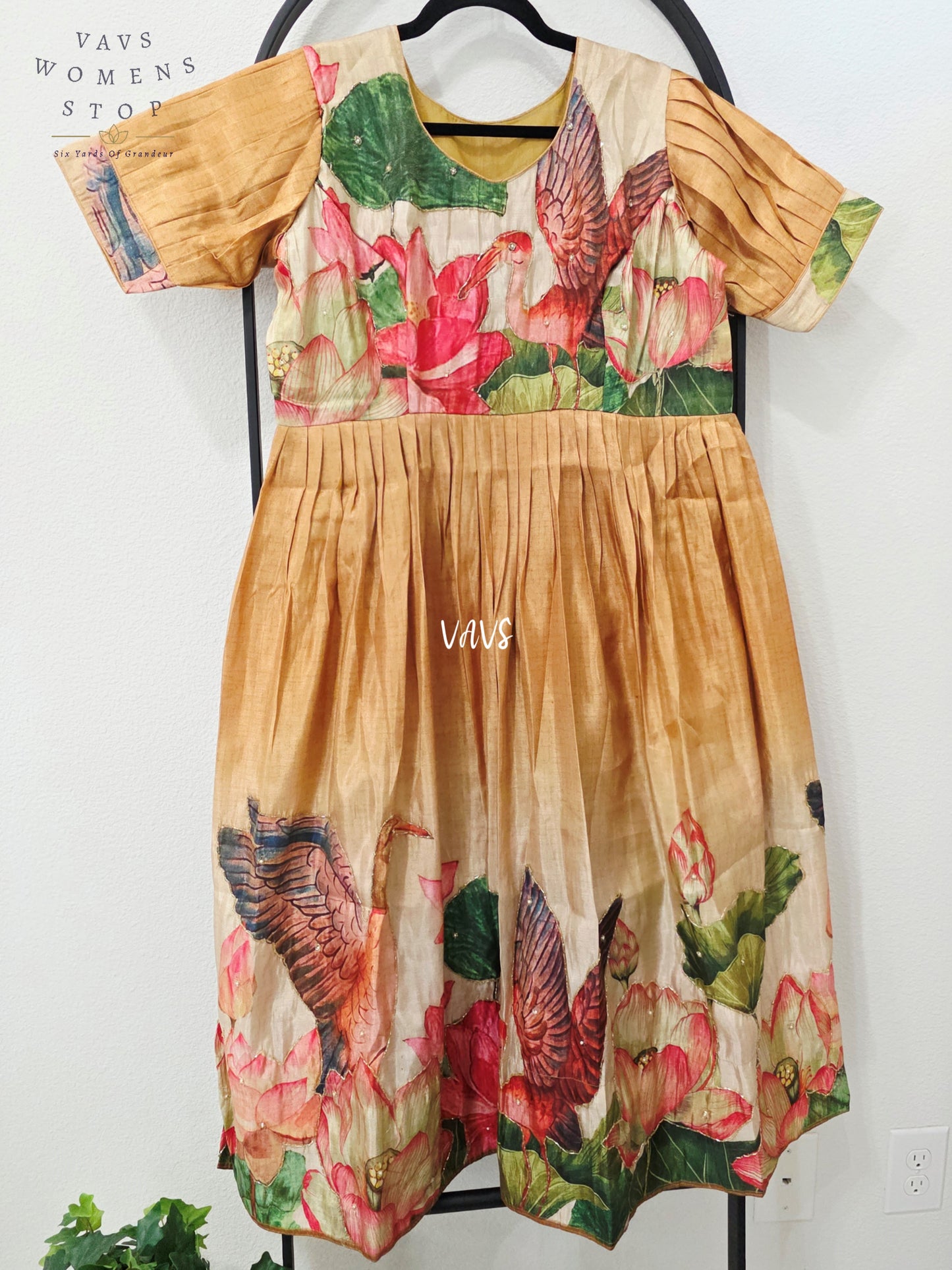 Antique Champagne Gold Tussar Tissue Silk Lotus Bird Print Frock – XL