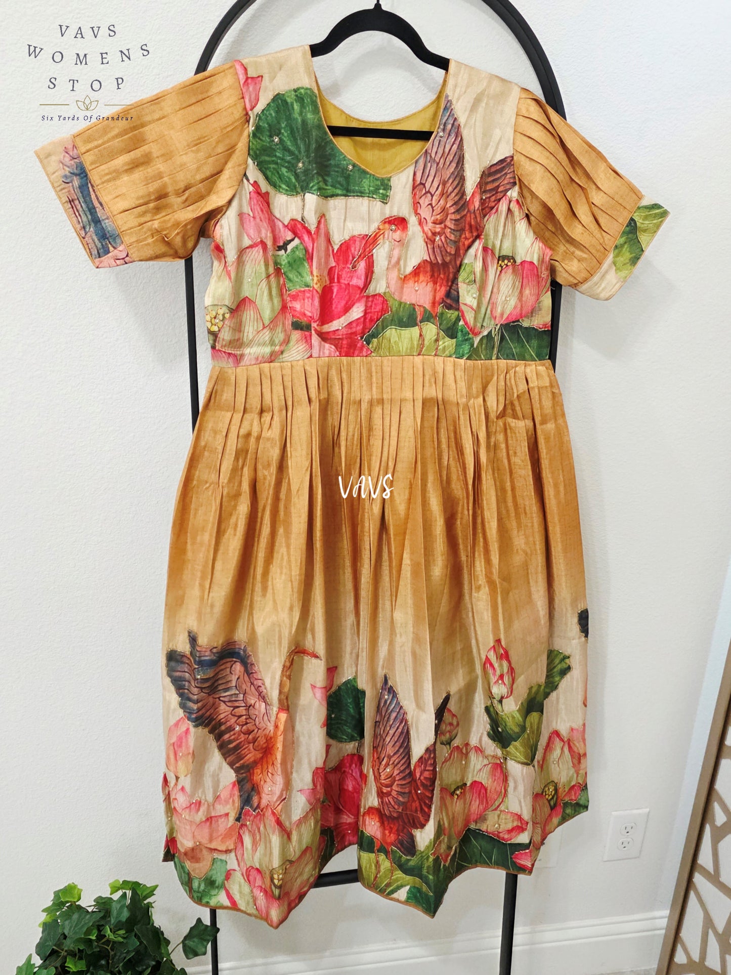 Antique Champagne Gold Tussar Tissue Silk Lotus Bird Print Frock – XL