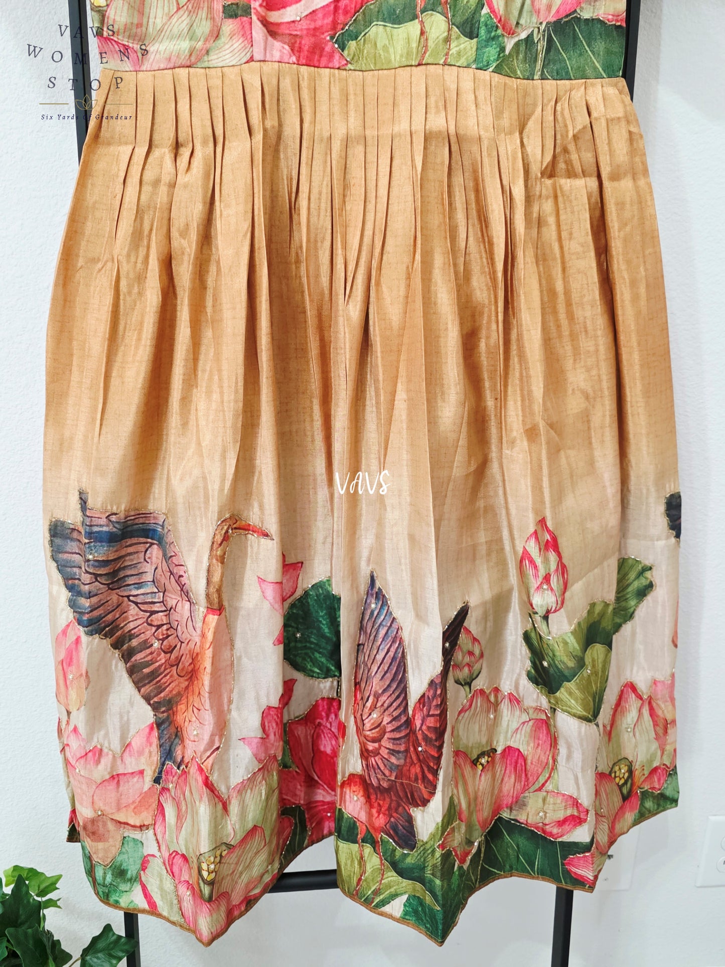 Antique Champagne Gold Tussar Tissue Silk Lotus Bird Print Frock – XL