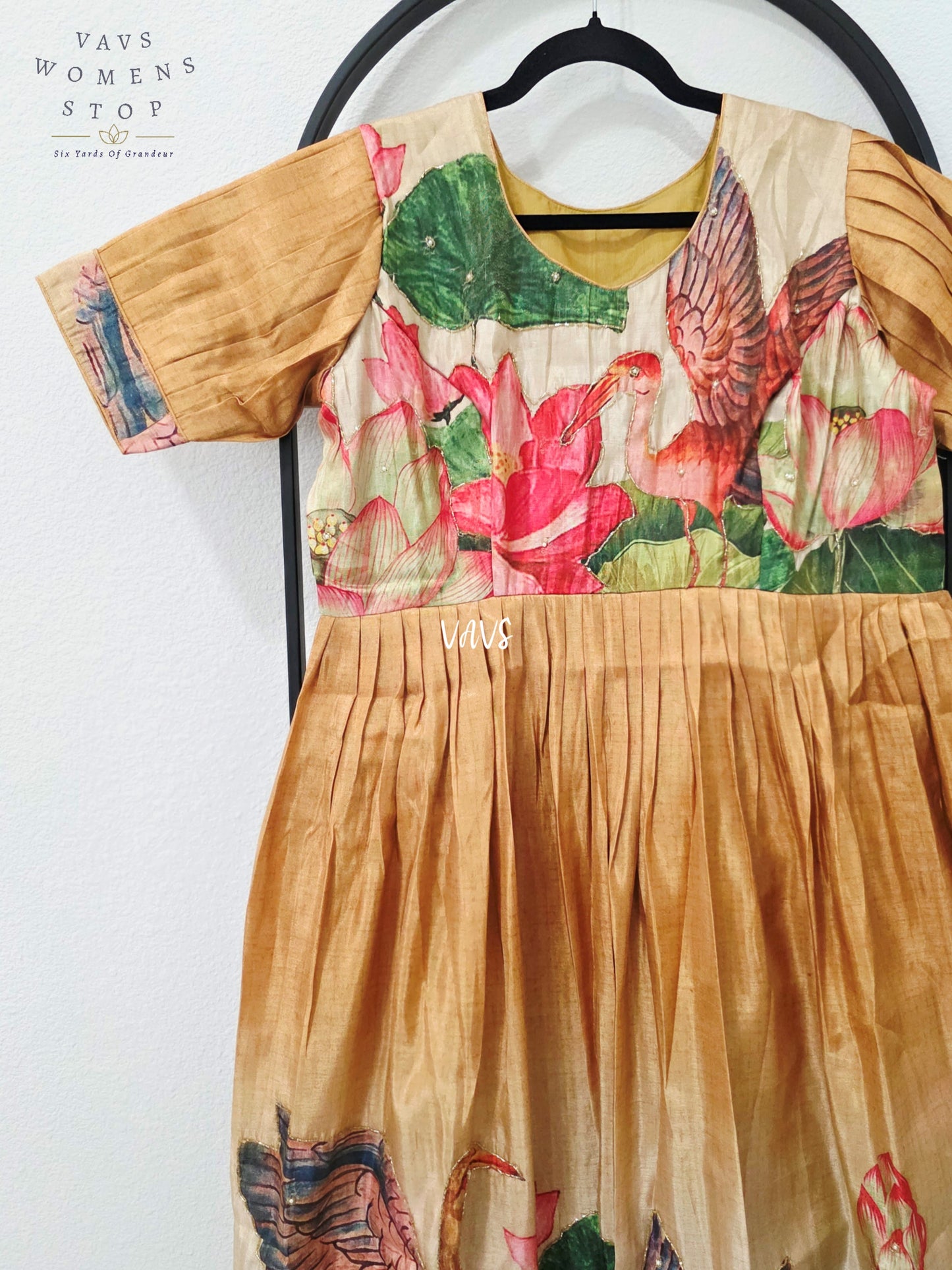 Antique Champagne Gold Tussar Tissue Silk Lotus Bird Print Frock – XL