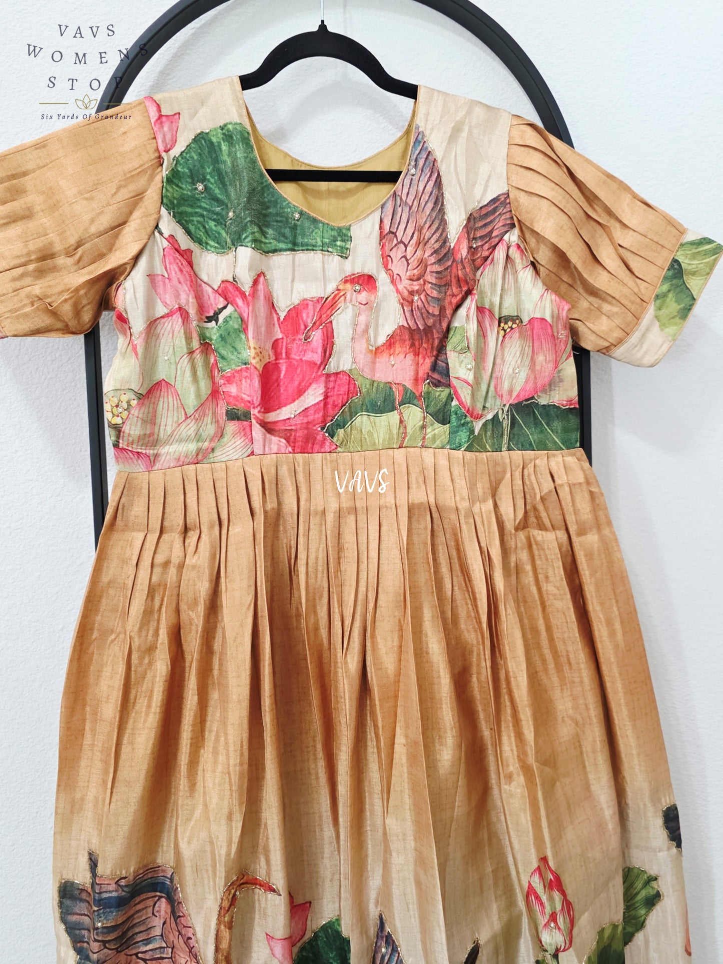 Antique Champagne Gold Tussar Tissue Silk Lotus Bird Print Frock – XL