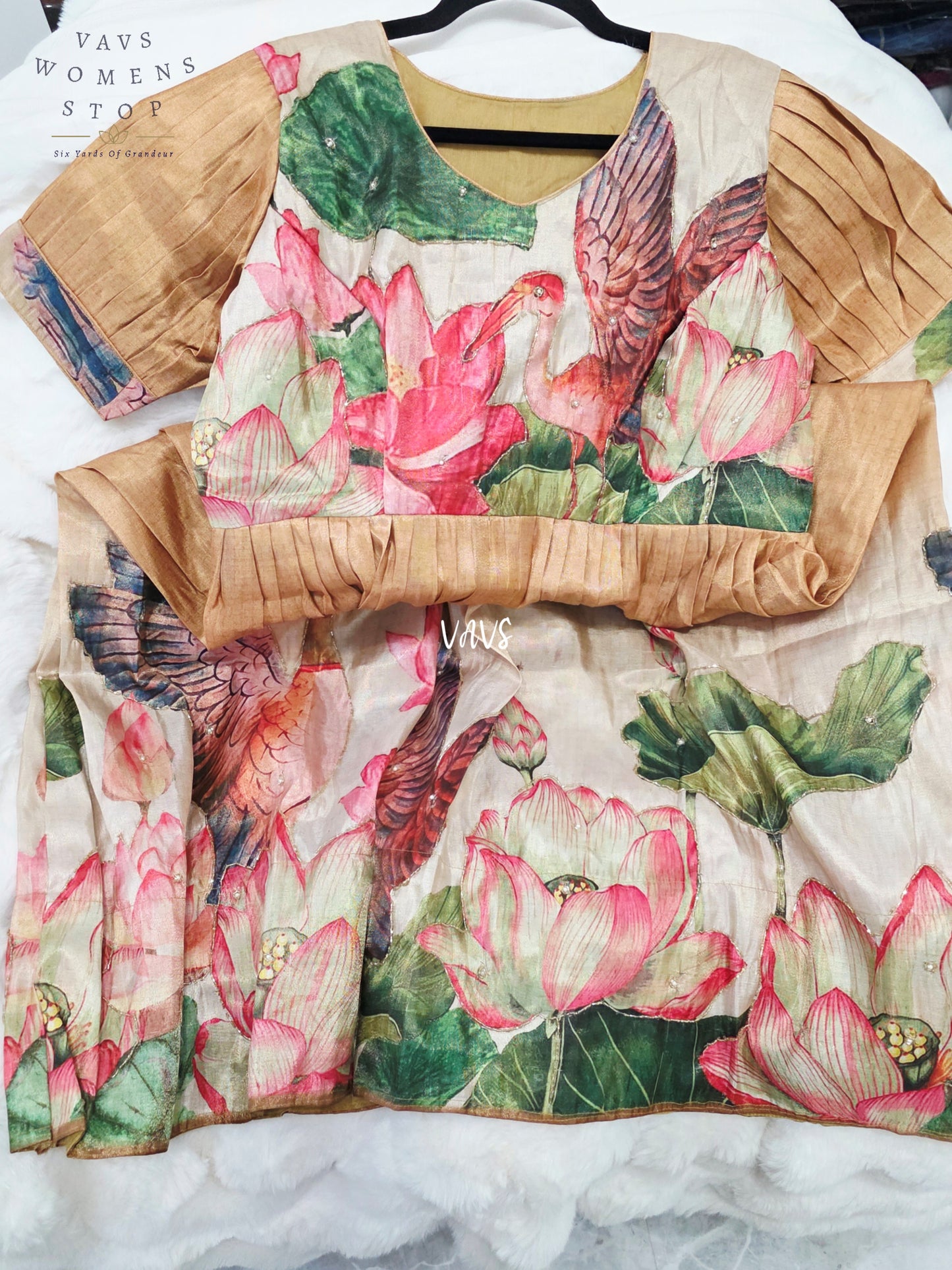 Antique Champagne Gold Tussar Tissue Silk Lotus Bird Print Frock – XL