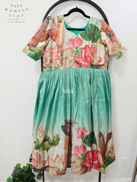 Aqua Sea Green Tussar Tissue Silk Lotus Print Designer Frock – Women’s XL
