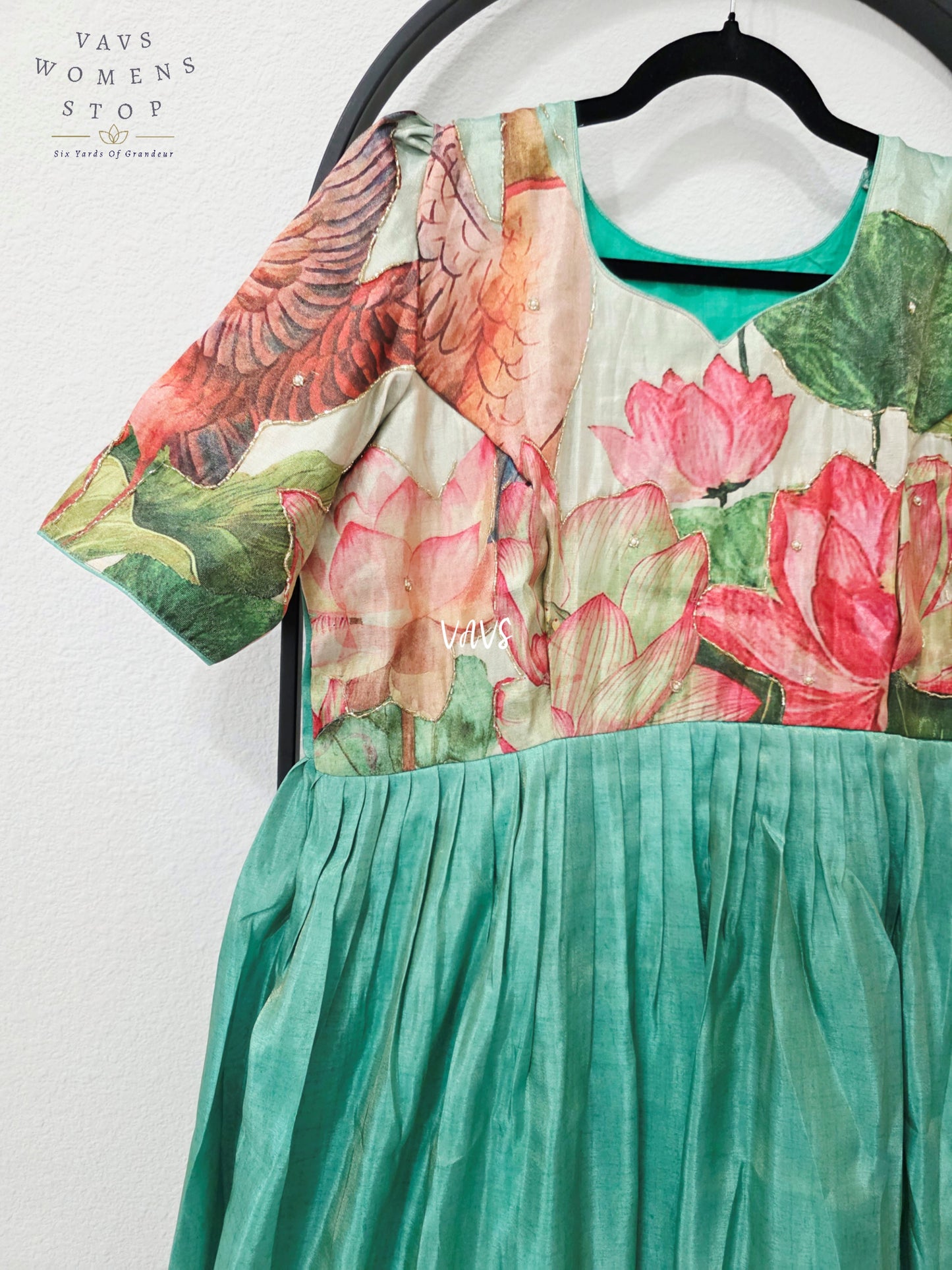 Aqua Sea Green Tussar Tissue Silk Lotus Print Designer Frock – Women’s XL