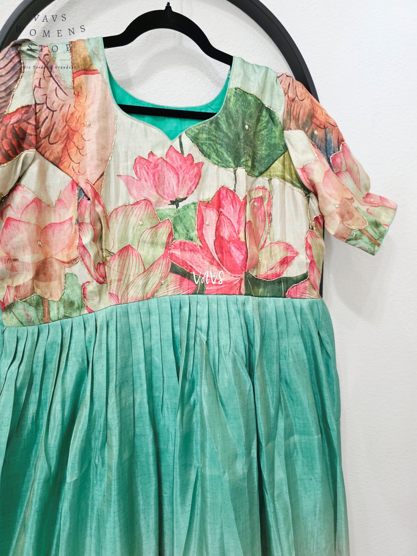 Aqua Sea Green Tussar Tissue Silk Lotus Print Designer Frock – Women’s XL