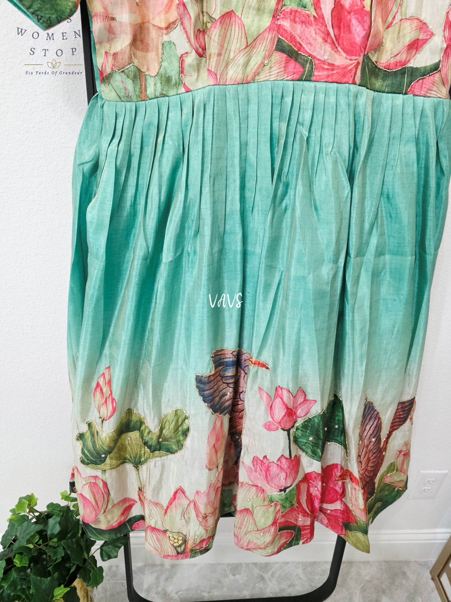 Aqua Sea Green Tussar Tissue Silk Lotus Print Designer Frock – Women’s XL