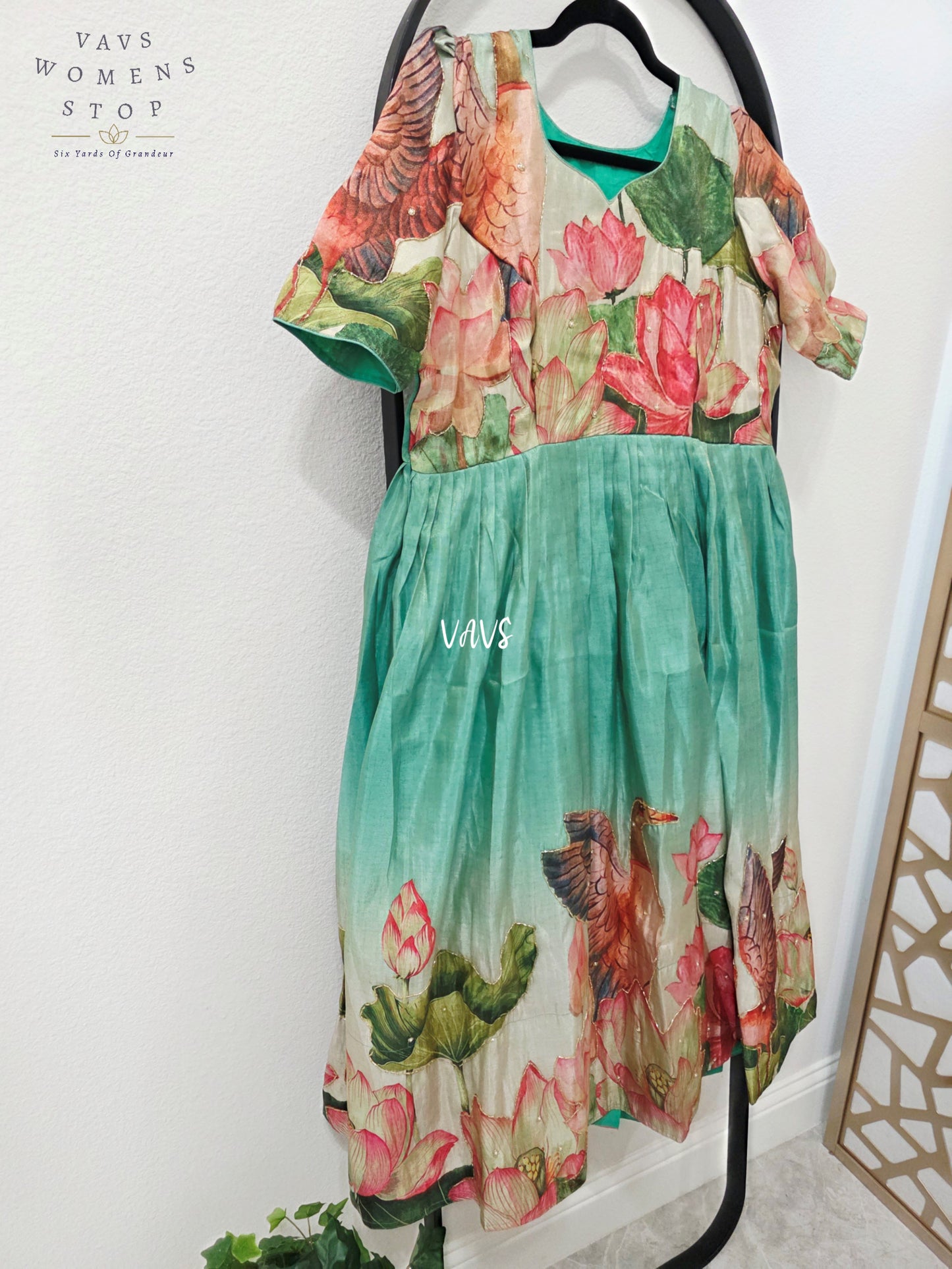 Aqua Sea Green Tussar Tissue Silk Lotus Print Designer Frock – Women’s XL