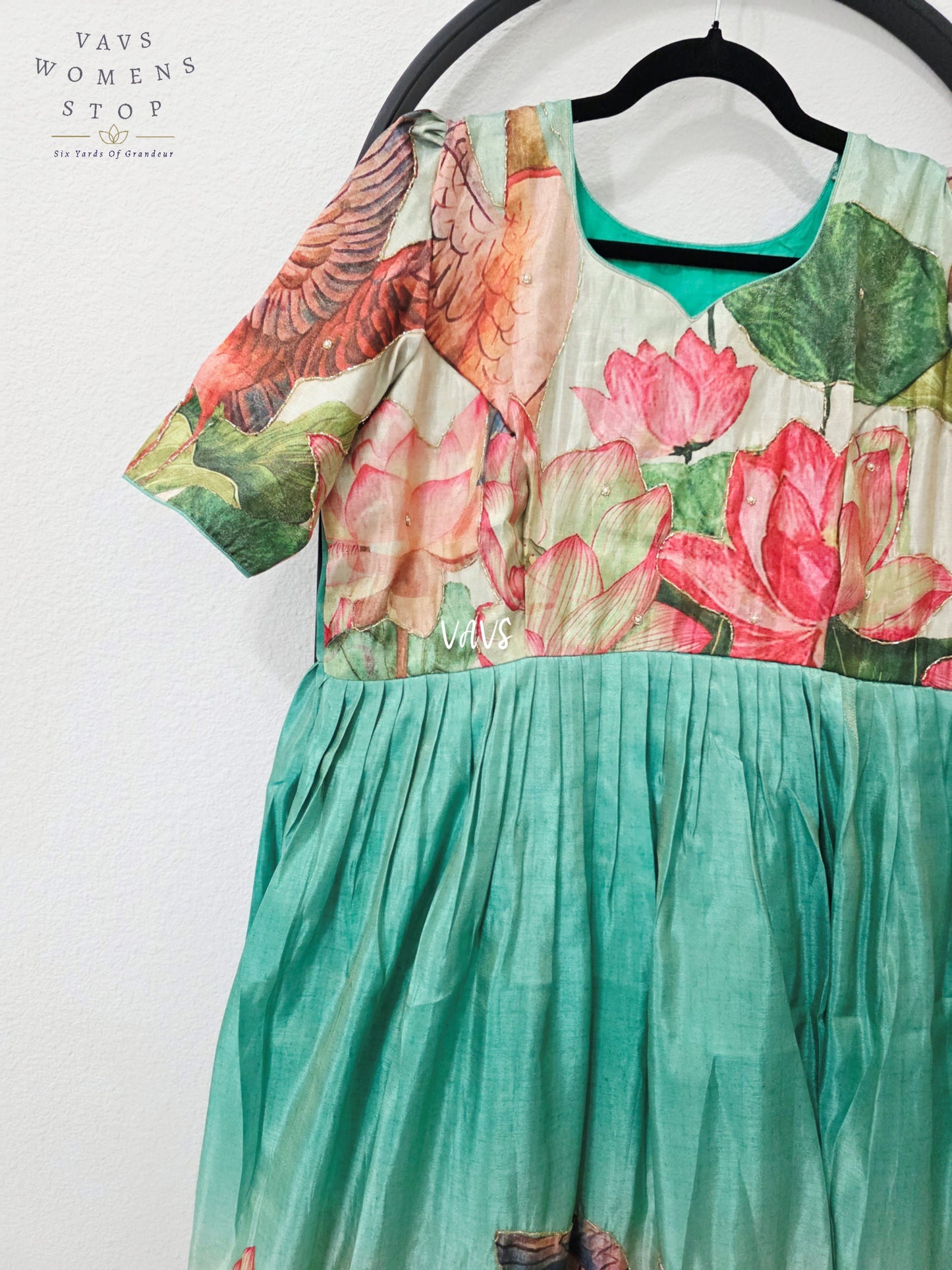 Aqua Sea Green Tussar Tissue Silk Lotus Print Designer Frock – Women’s XL