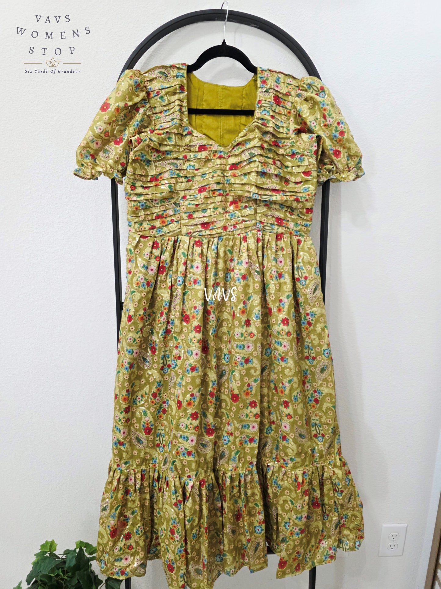 Antique Olive Gold Chinon Silk Sequin Embroidered Frock – Women’s XL