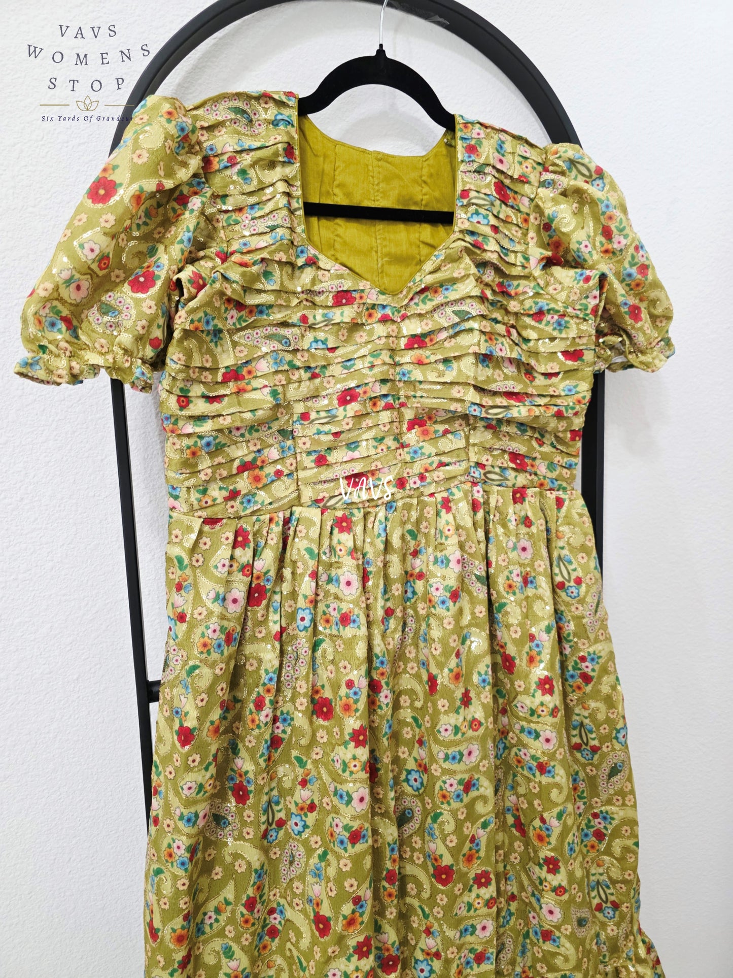 Antique Olive Gold Chinon Silk Sequin Embroidered Frock – Women’s XL
