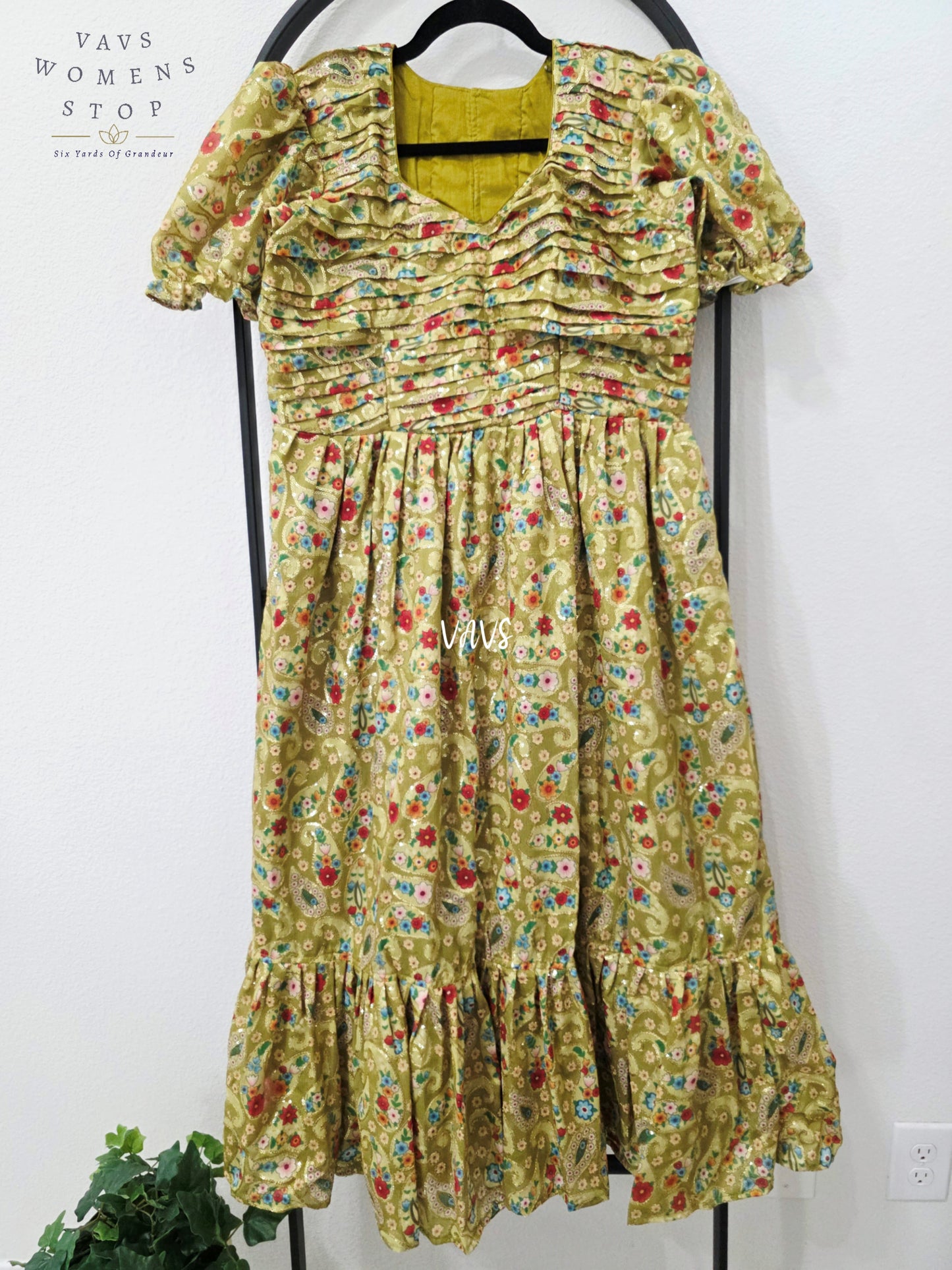 Antique Olive Gold Chinon Silk Sequin Embroidered Frock – Women’s XL