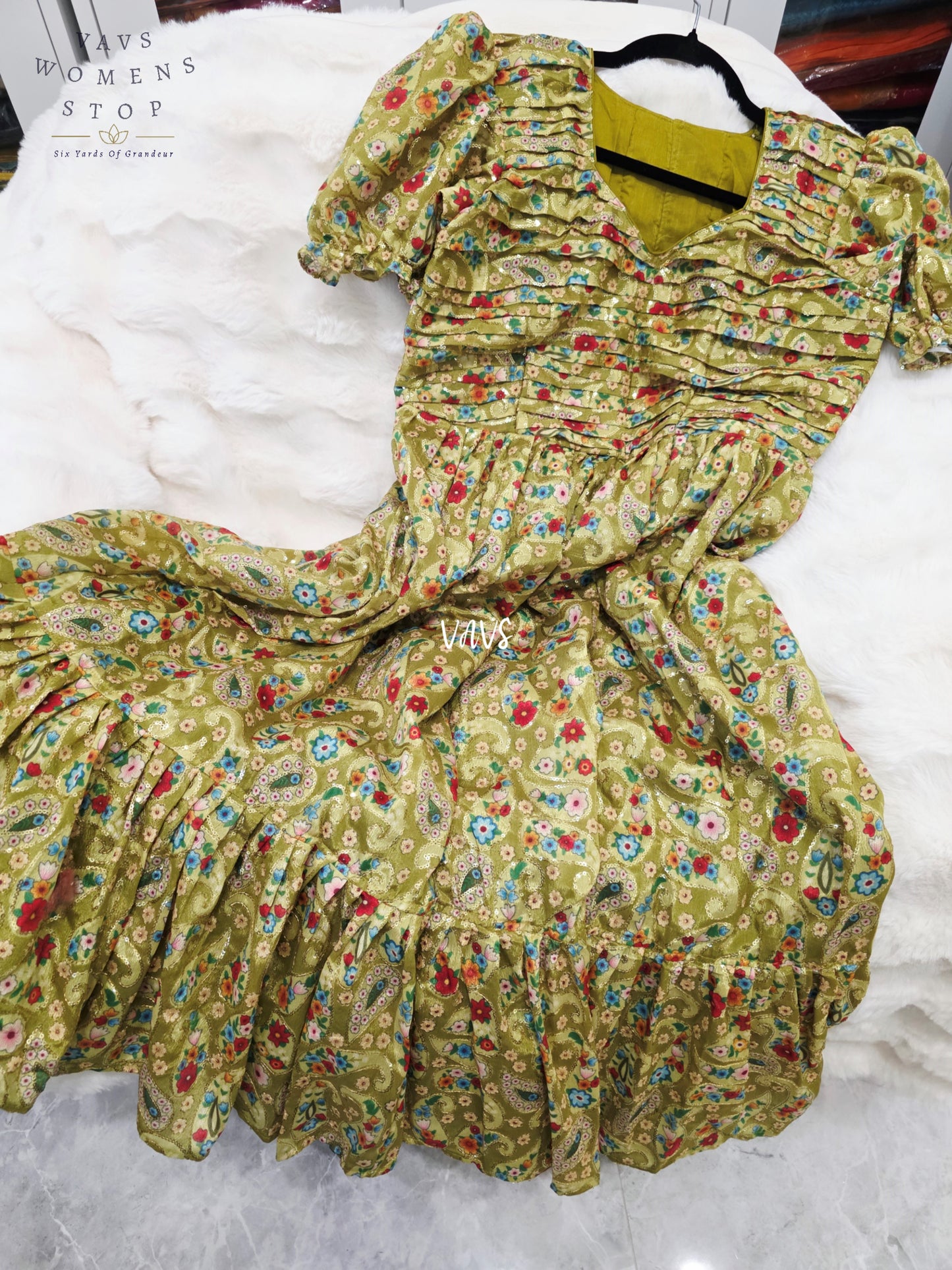 Antique Olive Gold Chinon Silk Sequin Embroidered Frock – Women’s XL