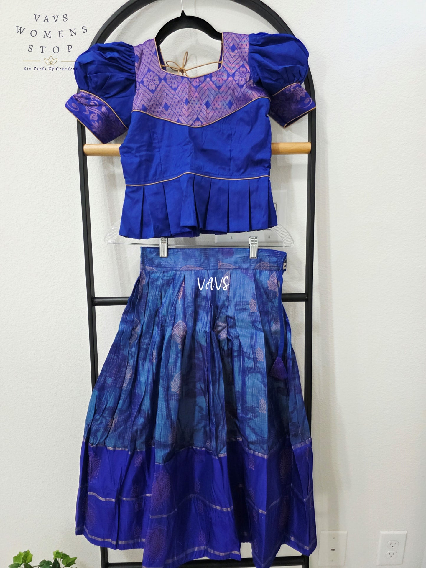 Royal Cobalt Blue Designer Kanchi Silk Lehenga Set with Lavender Zari Puff Sleeve Blouse | Girls 4–5 Years