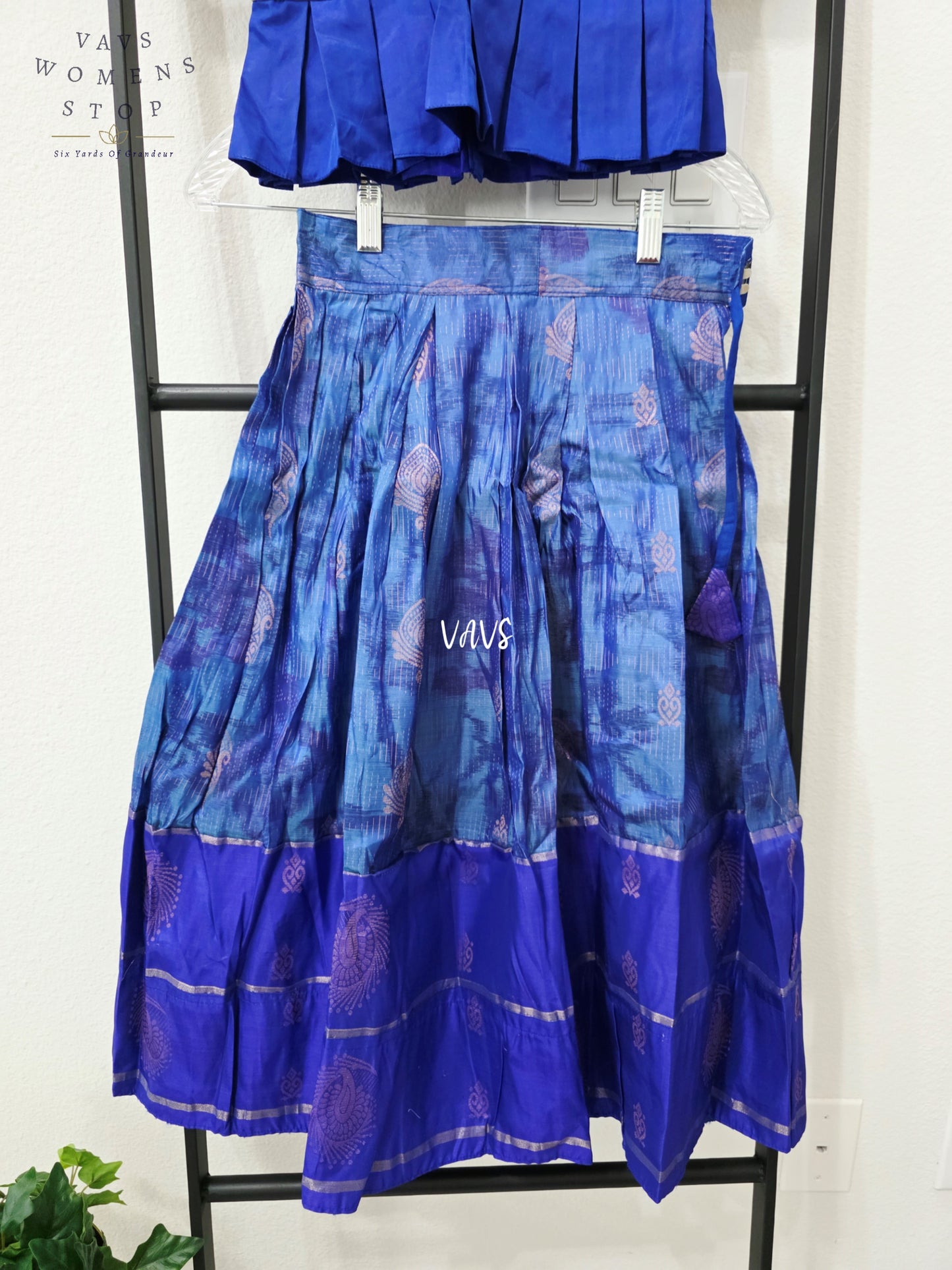 Royal Cobalt Blue Designer Kanchi Silk Lehenga Set with Lavender Zari Puff Sleeve Blouse | Girls 4–5 Years