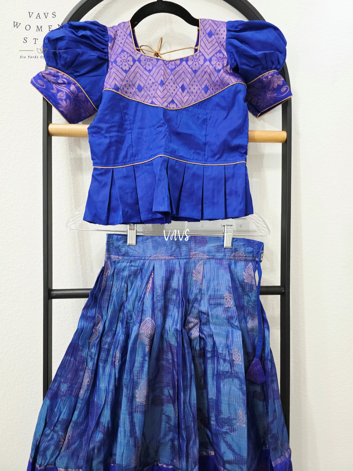 Royal Cobalt Blue Designer Kanchi Silk Lehenga Set with Lavender Zari Puff Sleeve Blouse | Girls 4–5 Years