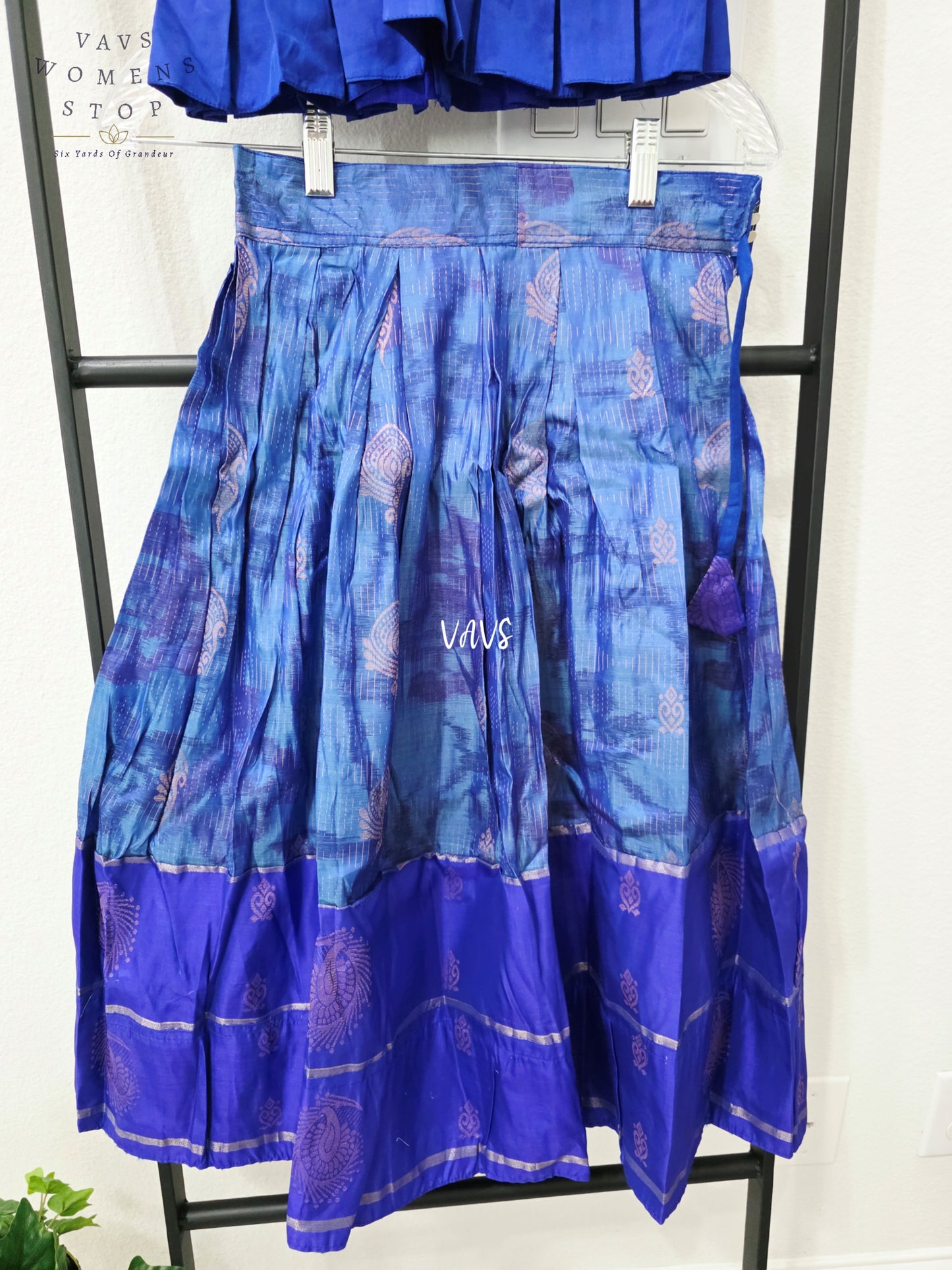 Royal Cobalt Blue Designer Kanchi Silk Lehenga Set with Lavender Zari Puff Sleeve Blouse | Girls 4–5 Years
