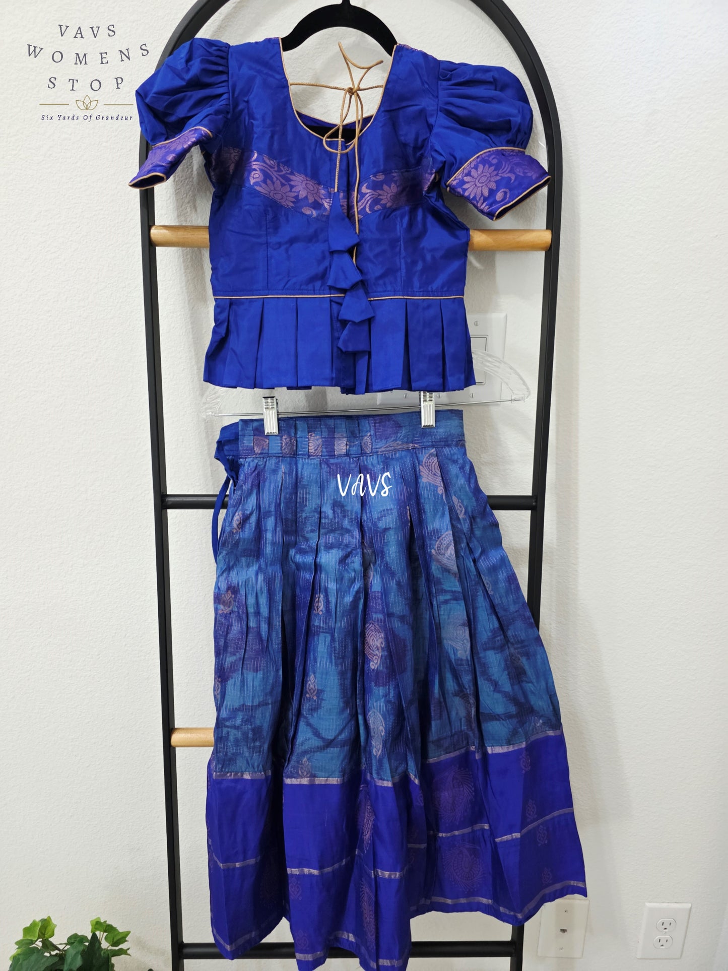 Royal Cobalt Blue Designer Kanchi Silk Lehenga Set with Lavender Zari Puff Sleeve Blouse | Girls 4–5 Years