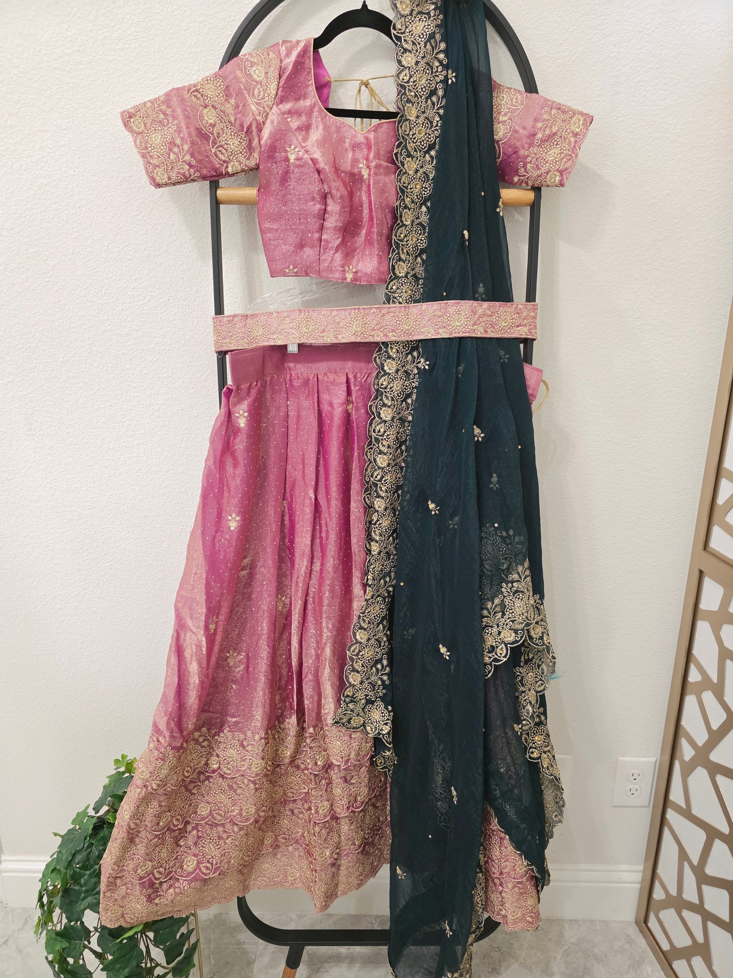 Luxury Dusty Rose Pink & Midnight Teal Space Silk Half Saree Lehenga Set with Antique Gold Floral Embroidery, Stitched Blouse & Hip Belt | Junior Size 32–38