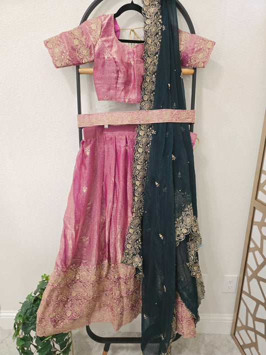 Luxury Dusty Rose Pink & Midnight Teal Space Silk Half Saree Lehenga Set with Antique Gold Floral Embroidery, Stitched Blouse & Hip Belt | Junior Size 32–38