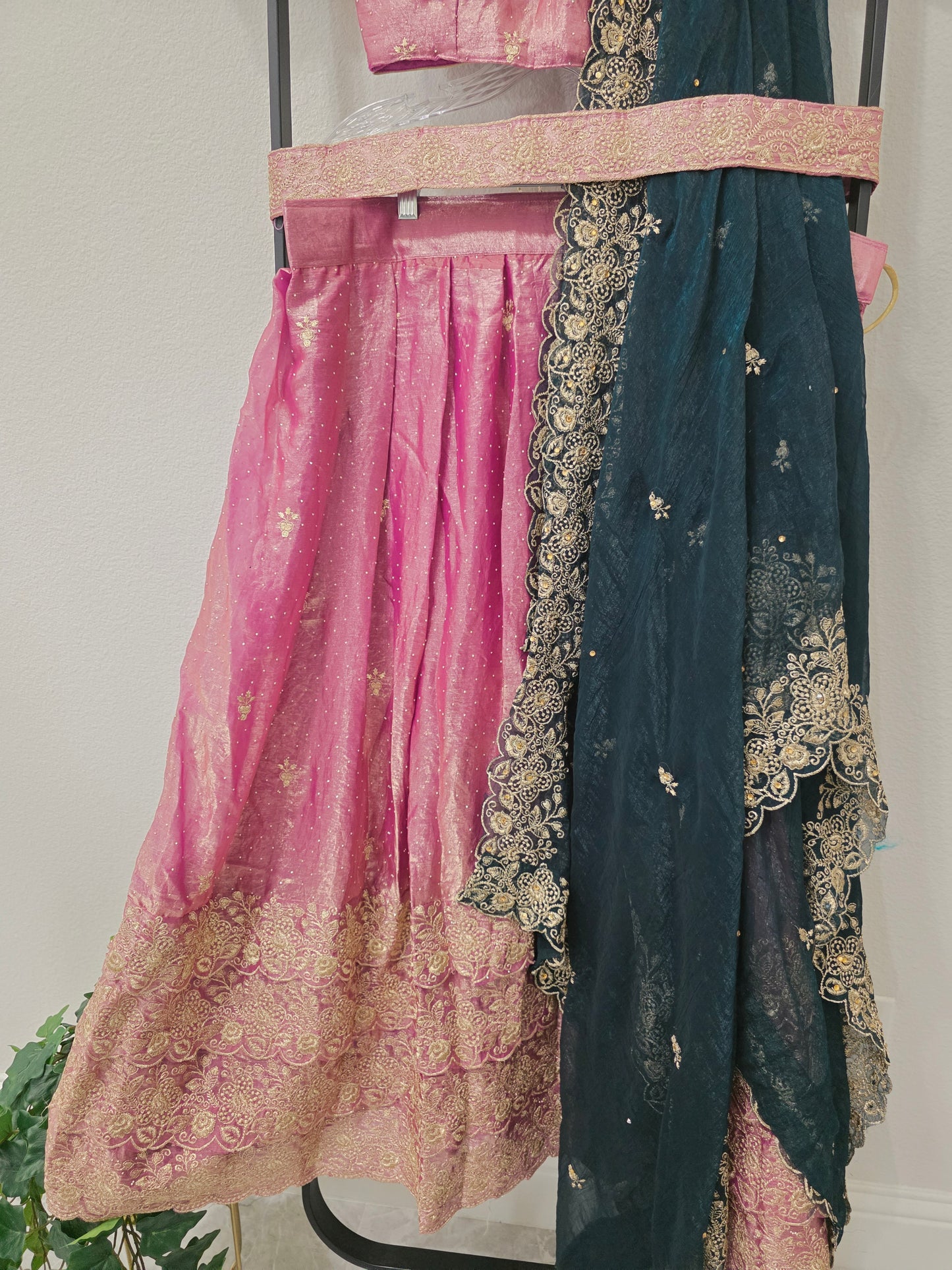Luxury Dusty Rose Pink & Midnight Teal Space Silk Half Saree Lehenga Set with Antique Gold Floral Embroidery, Stitched Blouse & Hip Belt | Junior Size 32–38