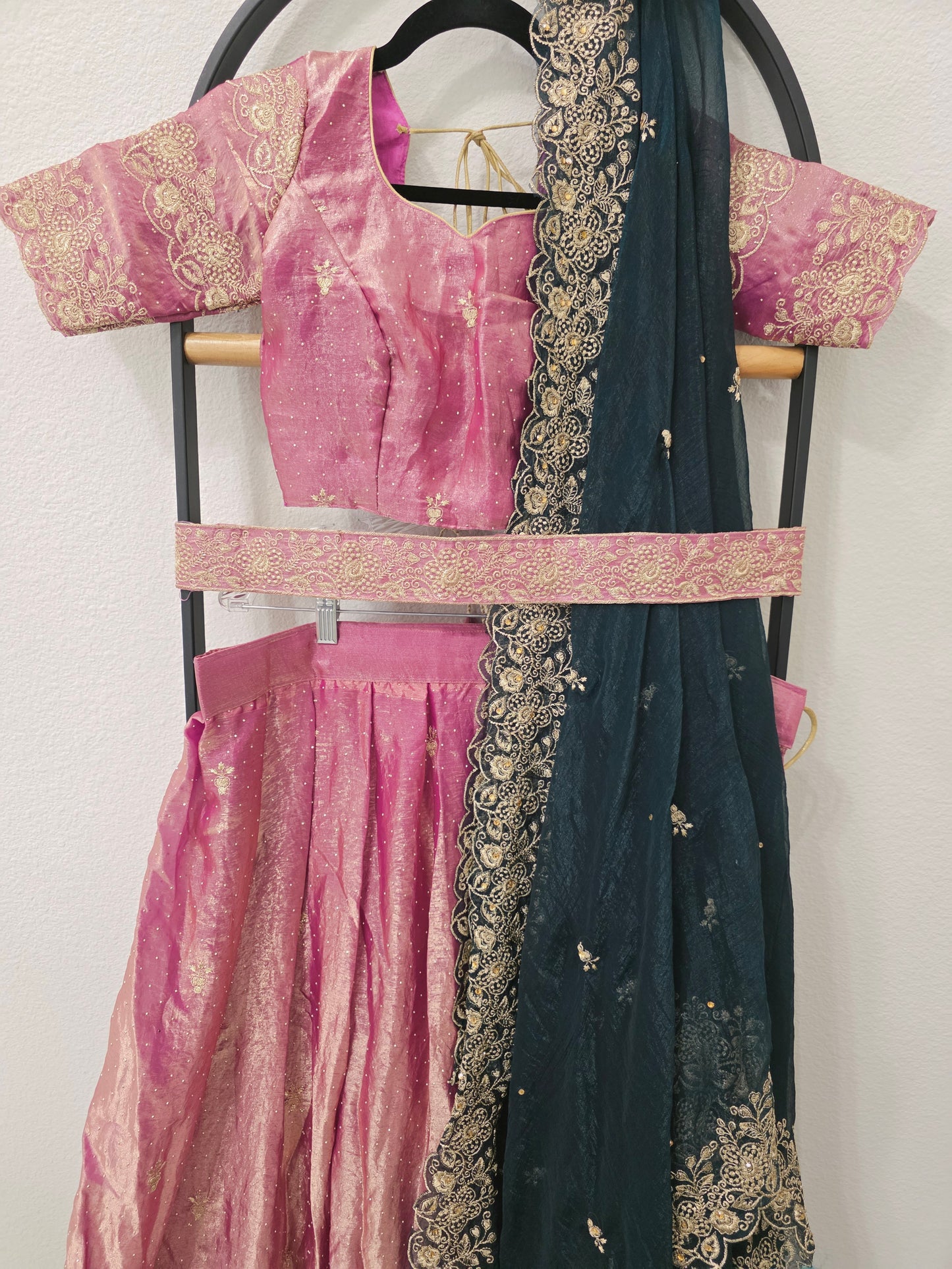Luxury Dusty Rose Pink & Midnight Teal Space Silk Half Saree Lehenga Set with Antique Gold Floral Embroidery, Stitched Blouse & Hip Belt | Junior Size 32–38