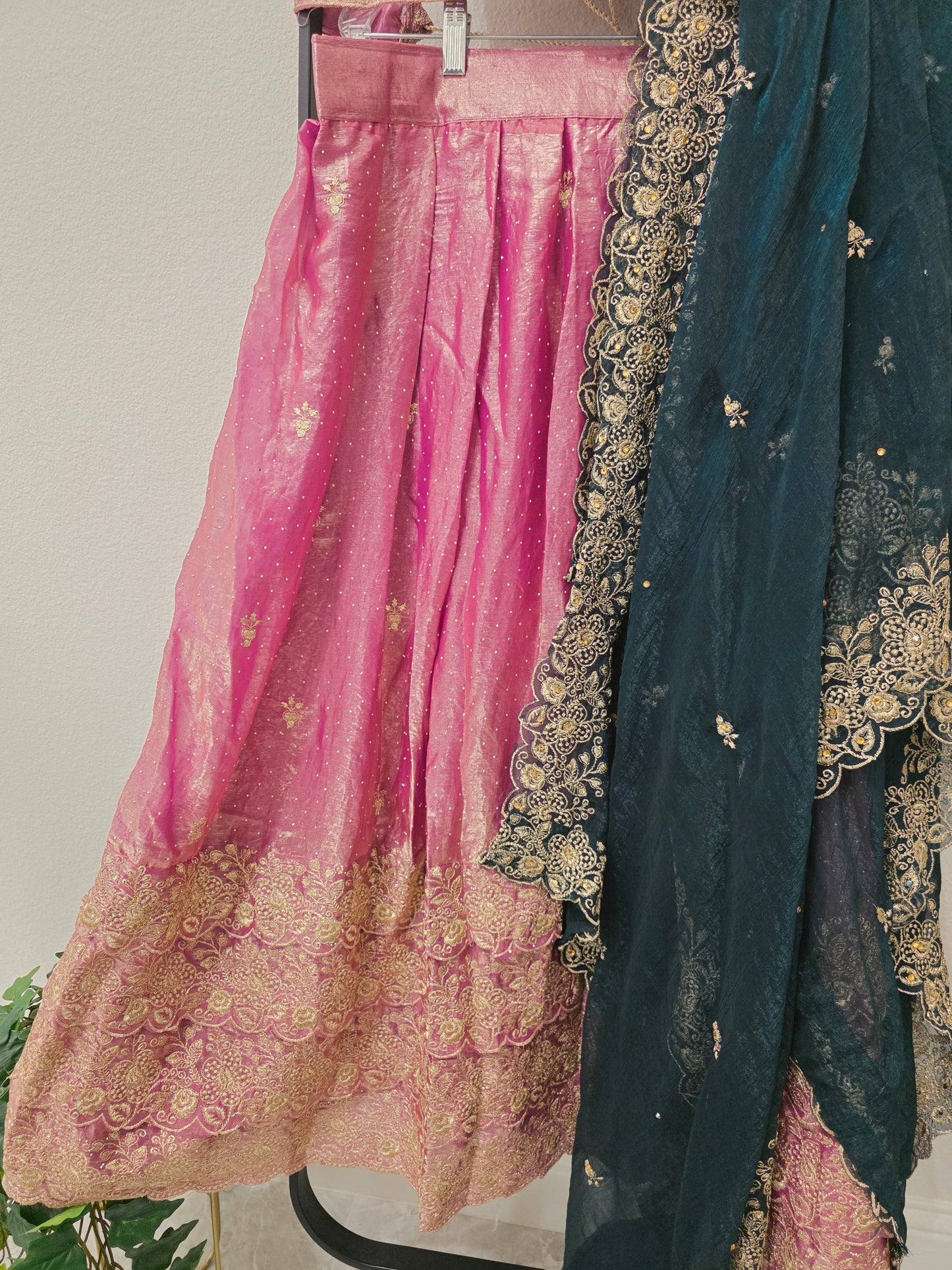 Luxury Dusty Rose Pink & Midnight Teal Space Silk Half Saree Lehenga Set with Antique Gold Floral Embroidery, Stitched Blouse & Hip Belt | Junior Size 32–38