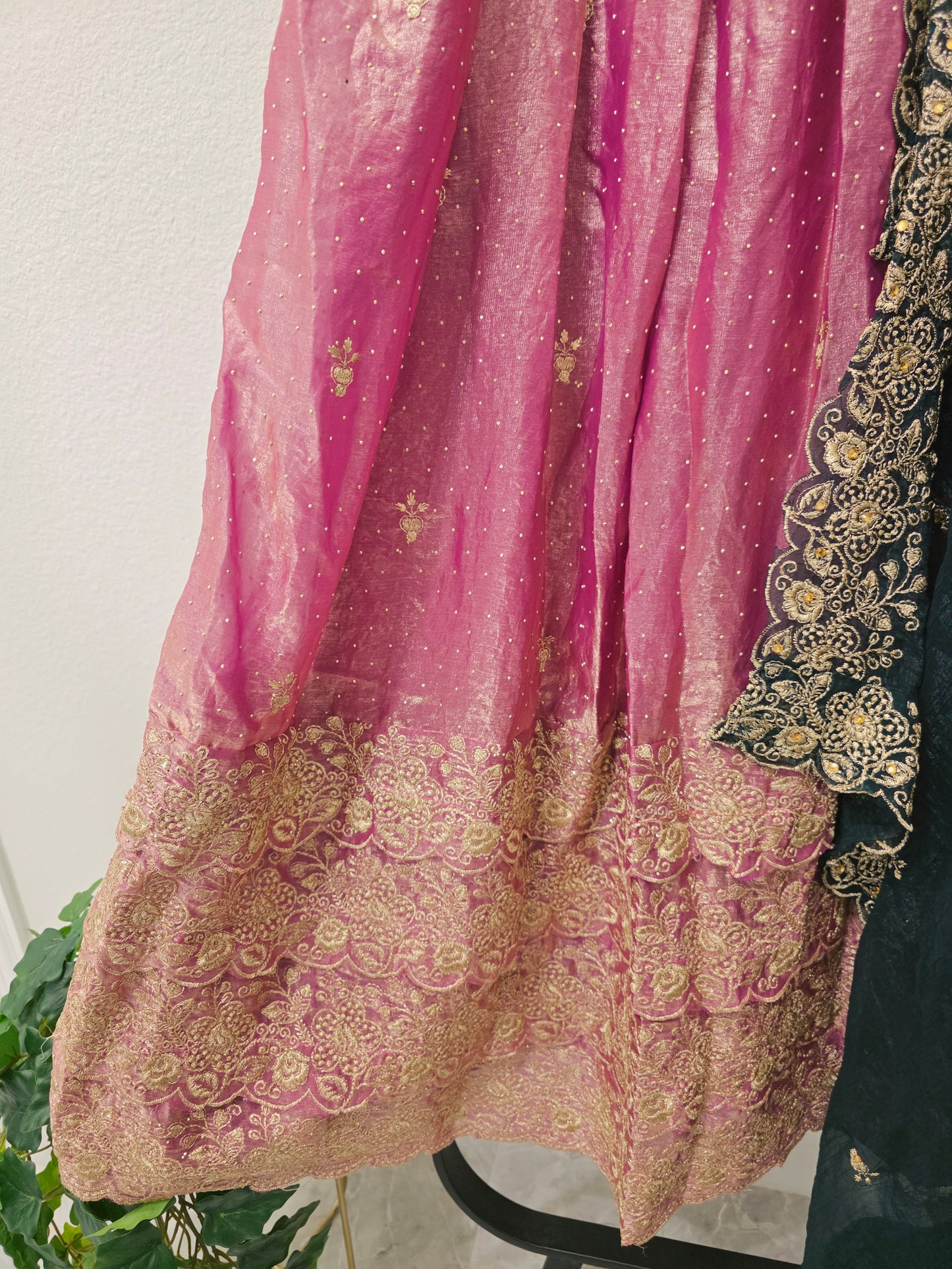 Luxury Dusty Rose Pink & Midnight Teal Space Silk Half Saree Lehenga Set with Antique Gold Floral Embroidery, Stitched Blouse & Hip Belt | Junior Size 32–38