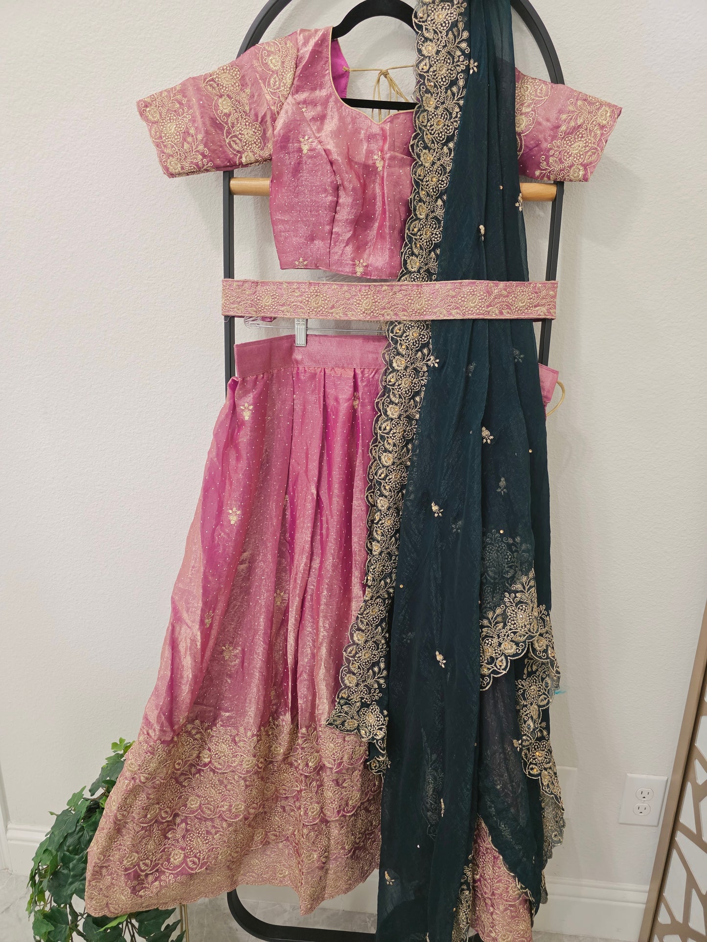Luxury Dusty Rose Pink & Midnight Teal Space Silk Half Saree Lehenga Set with Antique Gold Floral Embroidery, Stitched Blouse & Hip Belt | Junior Size 32–38
