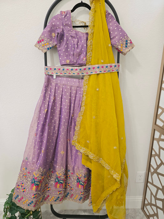Lavender Space Silk Deer Embroidered Half Saree Set | Yellow Dupatta