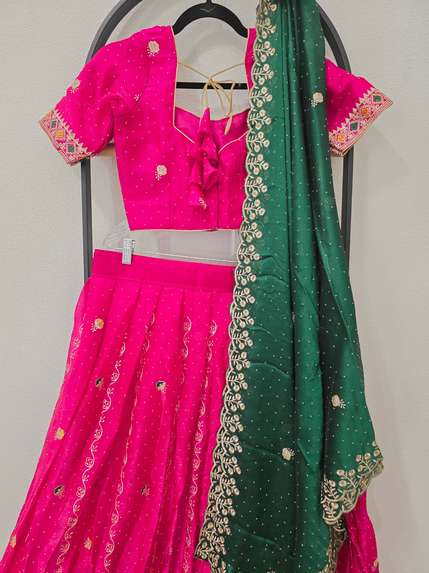 Luxury Rani Pink & Emerald Green Space Silk Half Saree Lehenga Set with Gold Peacock Embroidery, Stitched Blouse & Matching Hip Belt | Size 34–40
