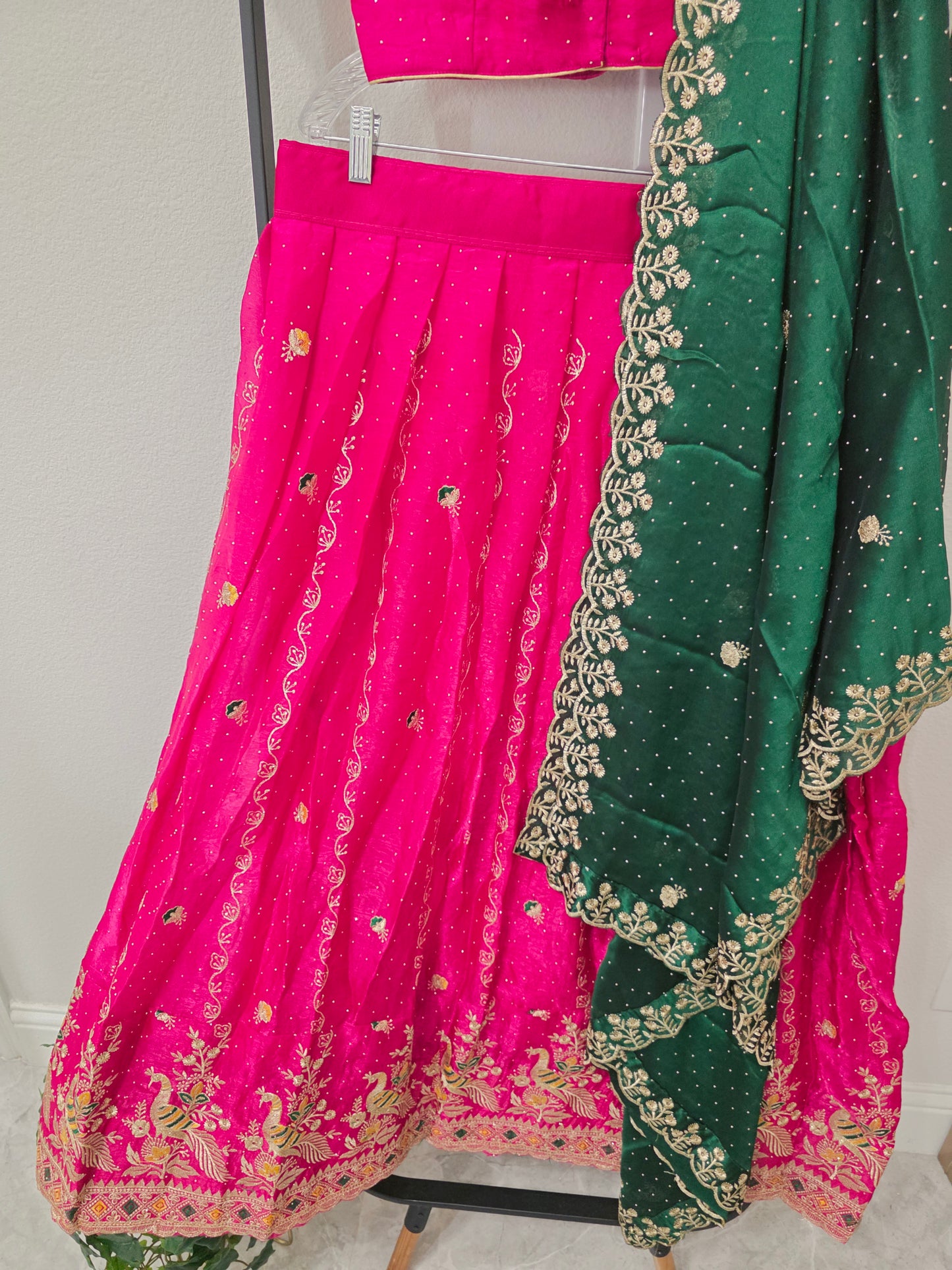 Luxury Rani Pink & Emerald Green Space Silk Half Saree Lehenga Set with Gold Peacock Embroidery, Stitched Blouse & Matching Hip Belt | Size 34–40