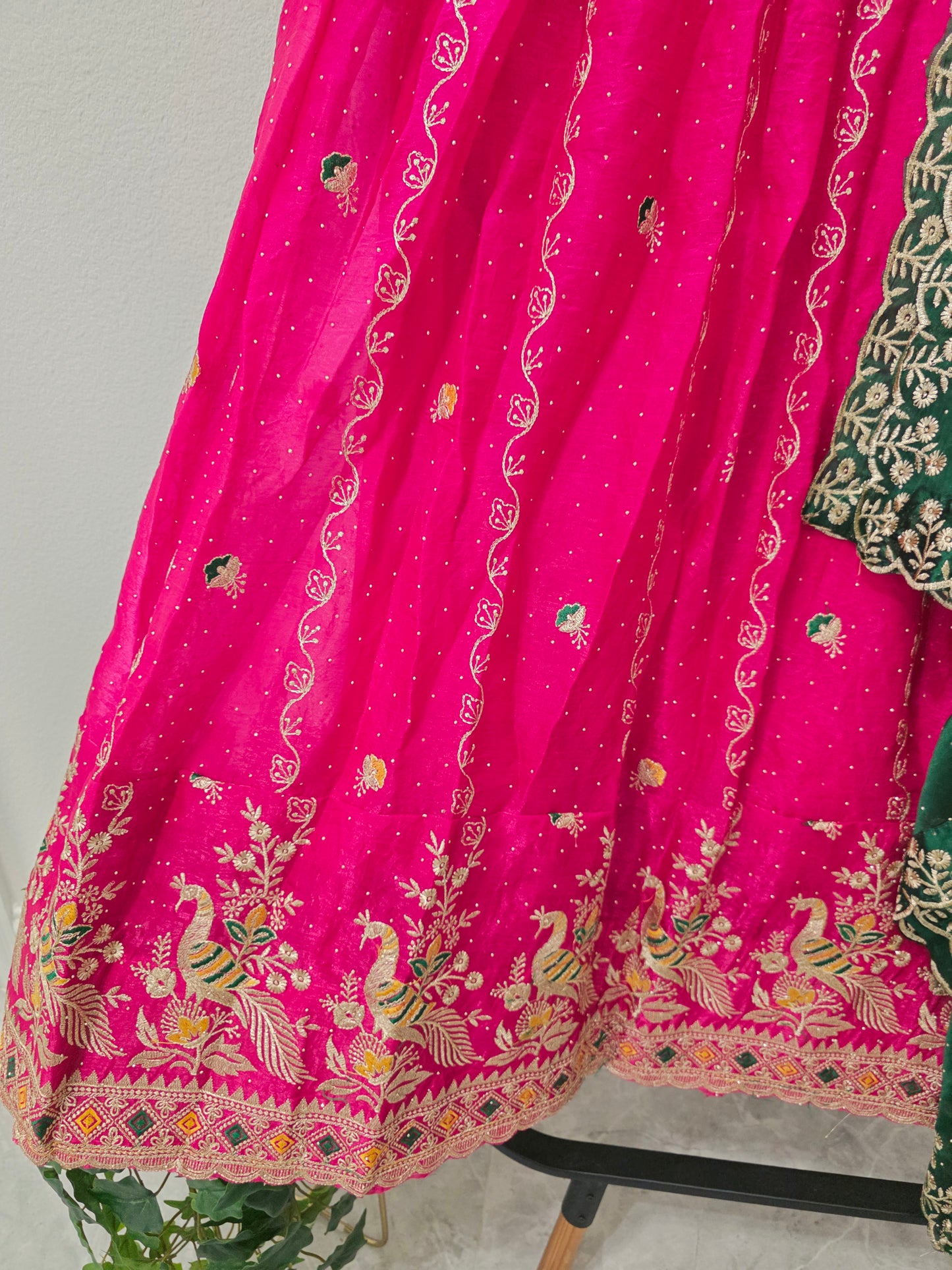 Luxury Rani Pink & Emerald Green Space Silk Half Saree Lehenga Set with Gold Peacock Embroidery, Stitched Blouse & Matching Hip Belt | Size 34–40