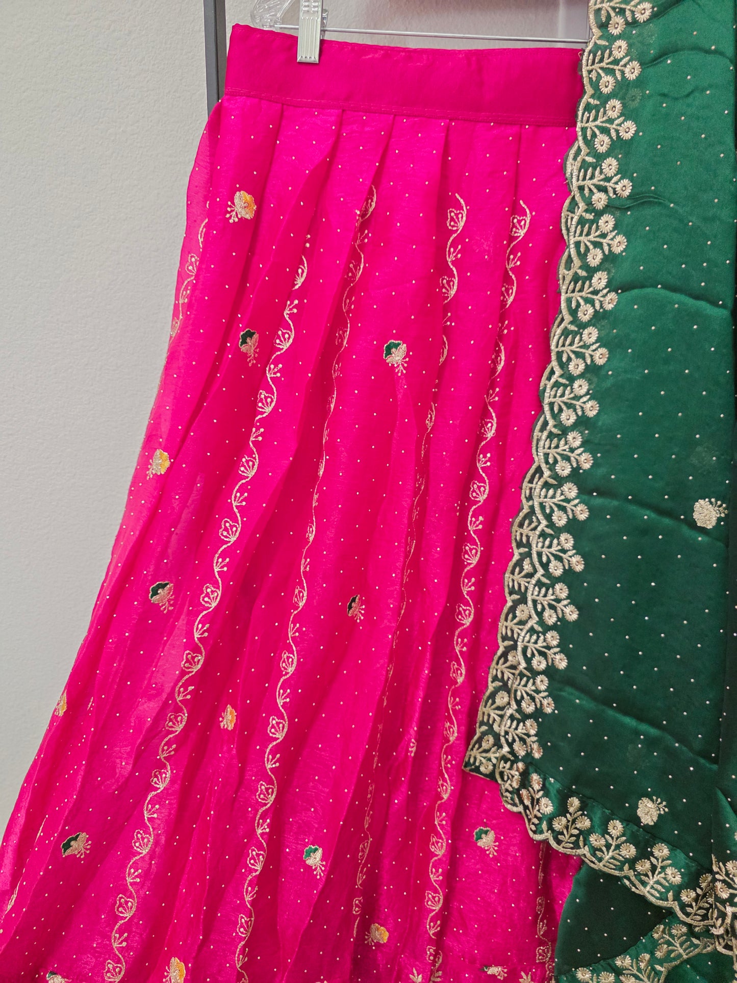 Luxury Rani Pink & Emerald Green Space Silk Half Saree Lehenga Set with Gold Peacock Embroidery, Stitched Blouse & Matching Hip Belt | Size 34–40