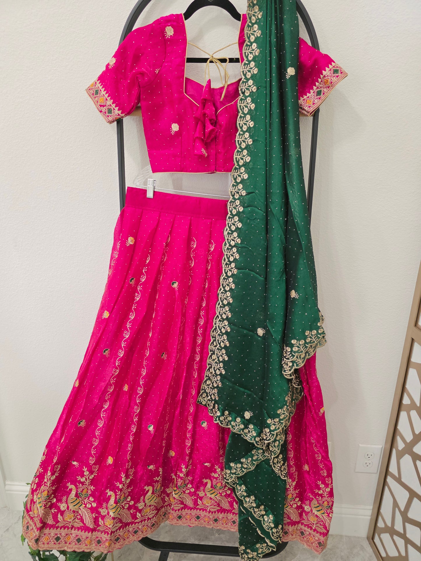 Luxury Rani Pink & Emerald Green Space Silk Half Saree Lehenga Set with Gold Peacock Embroidery, Stitched Blouse & Matching Hip Belt | Size 34–40