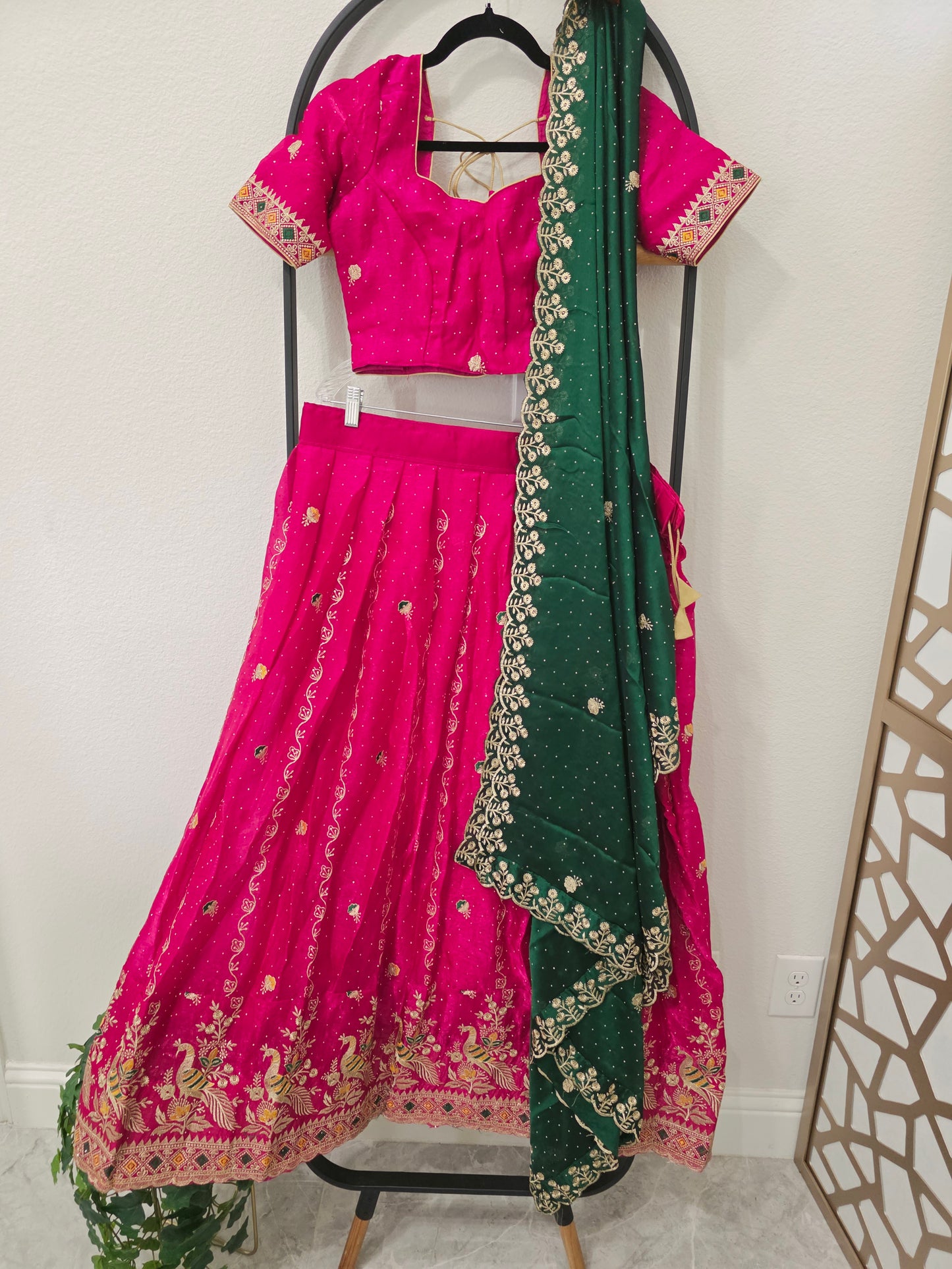 Luxury Rani Pink & Emerald Green Space Silk Half Saree Lehenga Set with Gold Peacock Embroidery, Stitched Blouse & Matching Hip Belt | Size 34–40