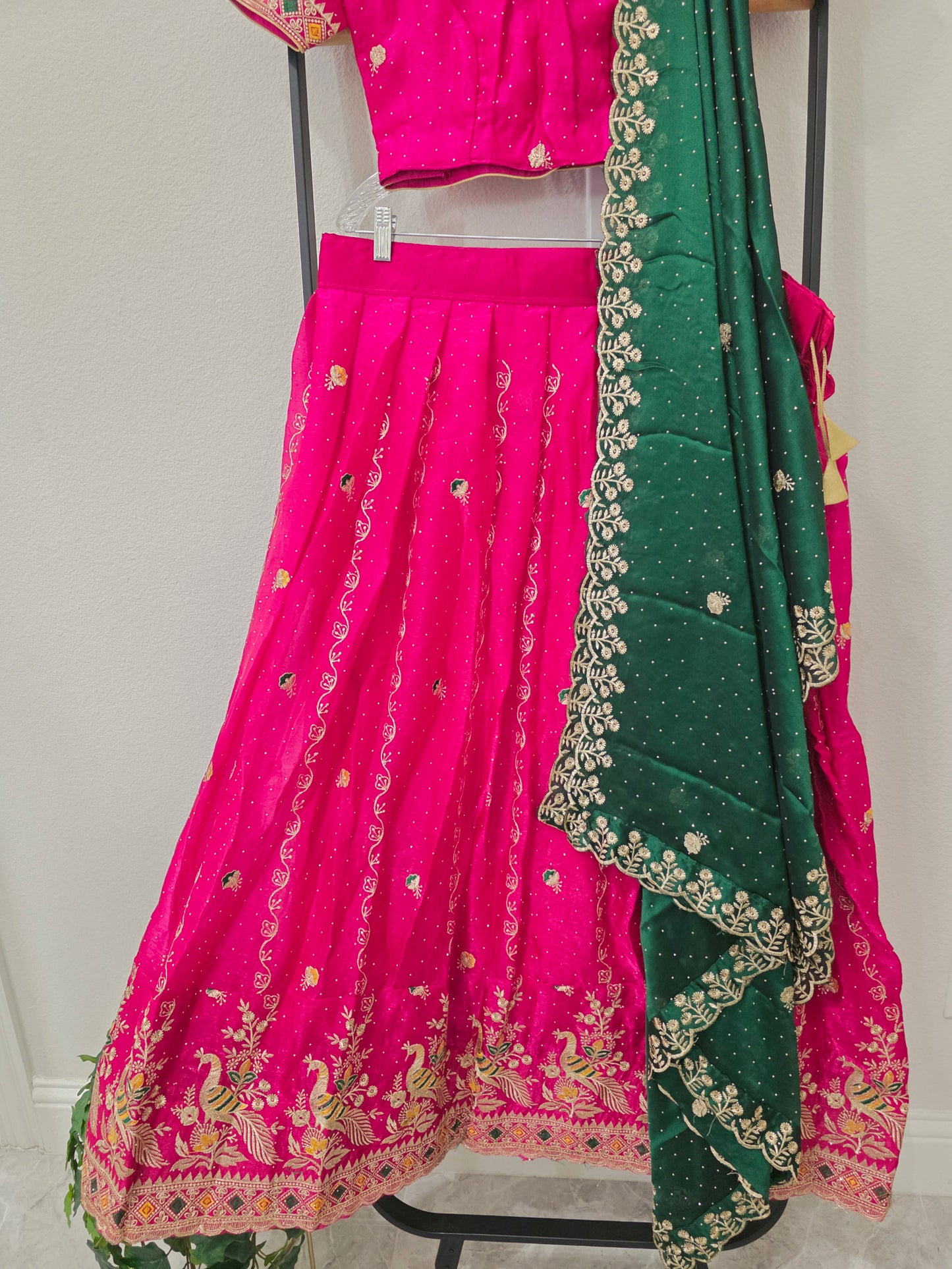 Luxury Rani Pink & Emerald Green Space Silk Half Saree Lehenga Set with Gold Peacock Embroidery, Stitched Blouse & Matching Hip Belt | Size 34–40